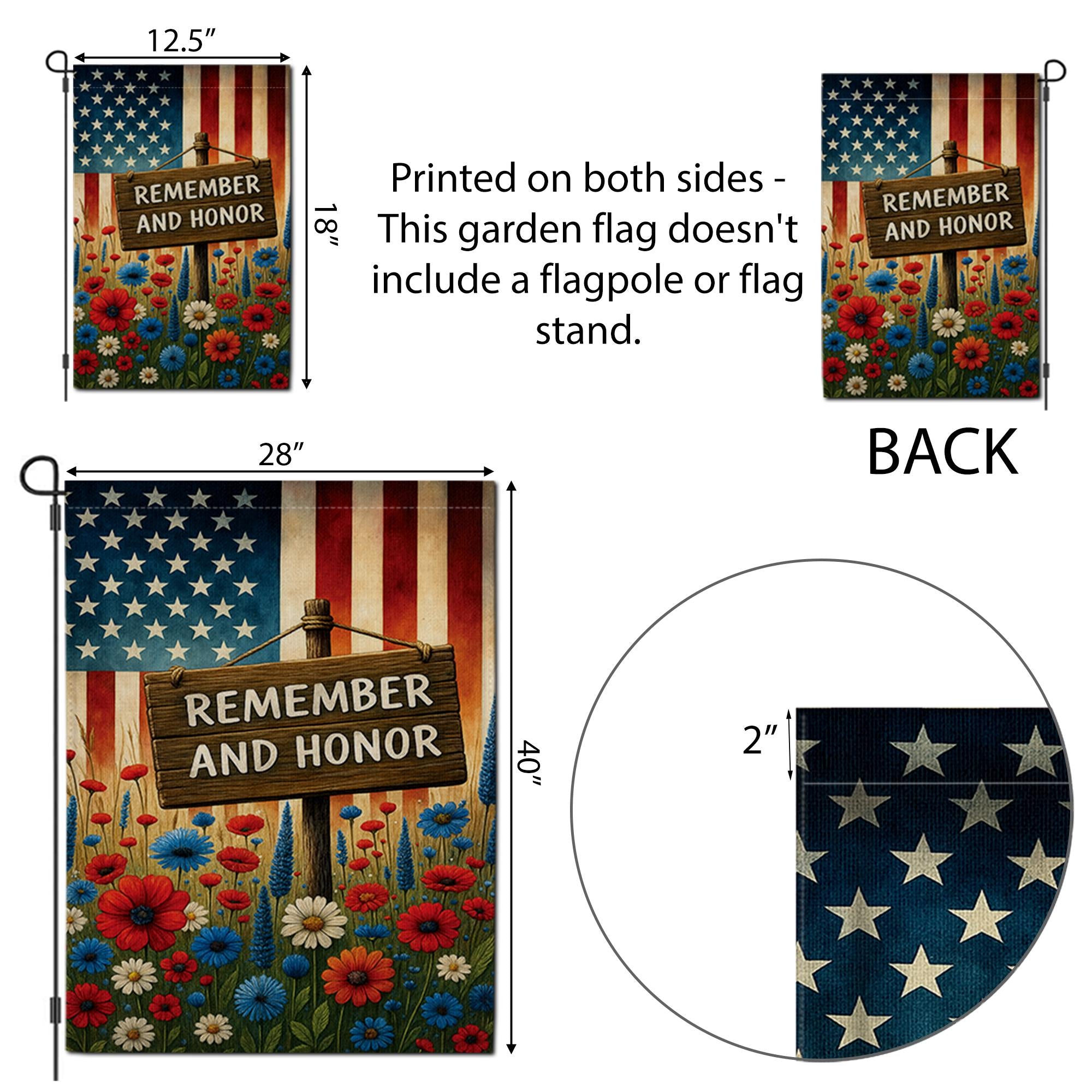 Memorial Day Garden Flag – Remember and Honor Patriotic Yard Banner – Red White Blue Floral Outdoor Decor – Veterans Day Flag USA