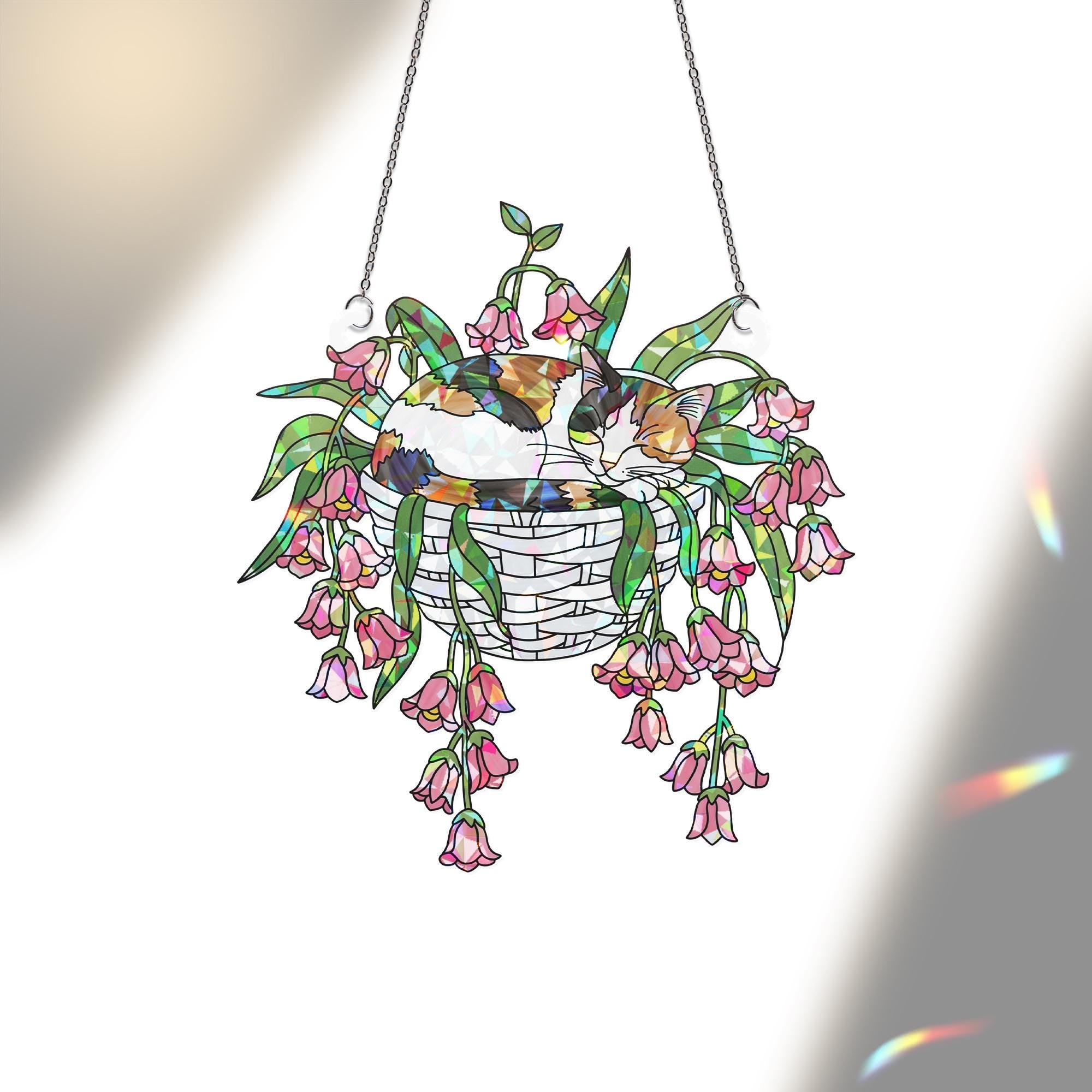 Calico Cat with Pink Lily Flowers Hologram Ornament – Sleeping Calico Cat ACRYLIC Hanging Window Decor, Lily Floral Art Gift, Cat Lover Gift