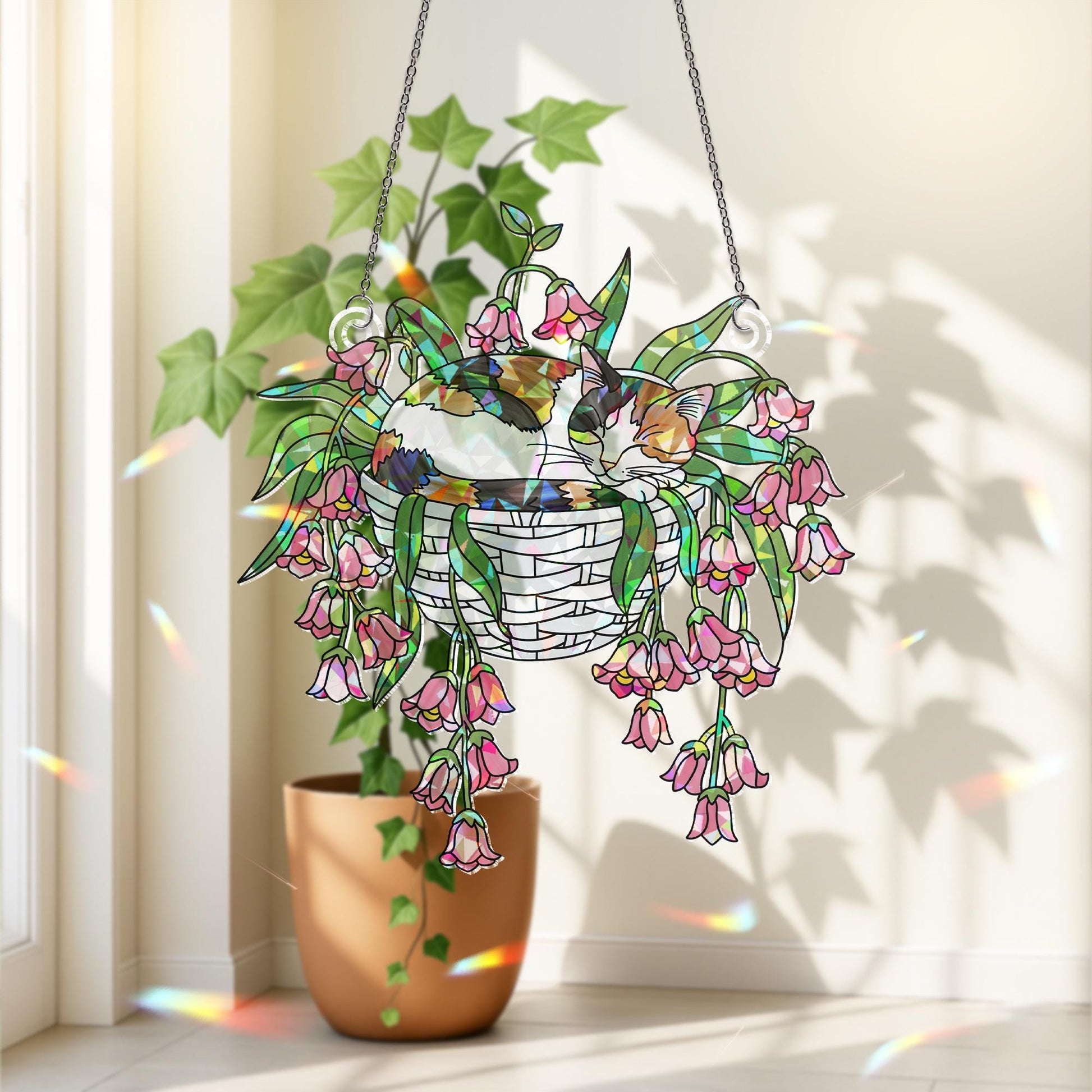 Calico Cat with Pink Lily Flowers Hologram Ornament – Sleeping Calico Cat ACRYLIC Hanging Window Decor, Lily Floral Art Gift, Cat Lover Gift