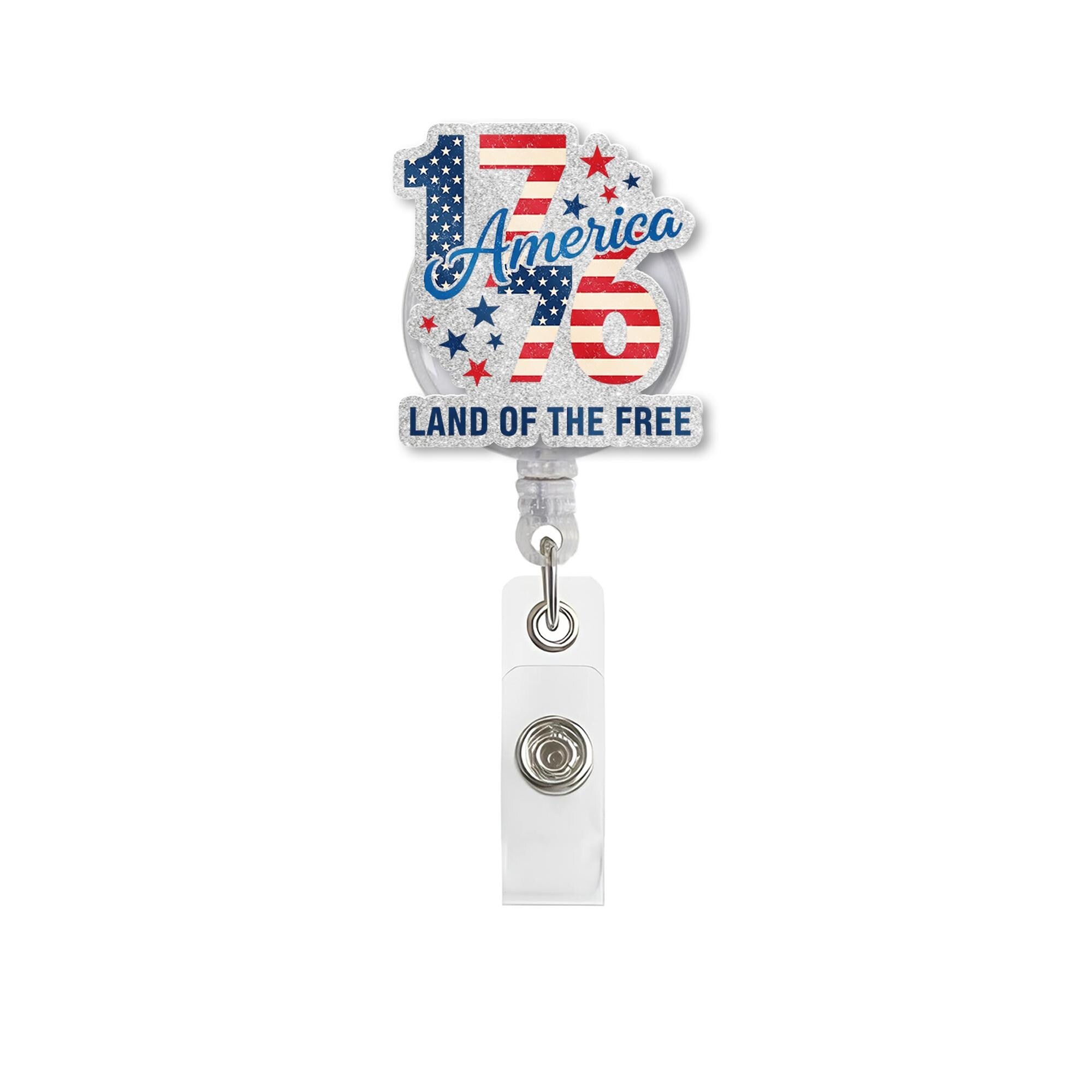 1776 Land of the Free Badge Reel – Patriotic USA ID Holder – 4th of July Retractable Clip – Red White Blue Nurse Badge Accessory