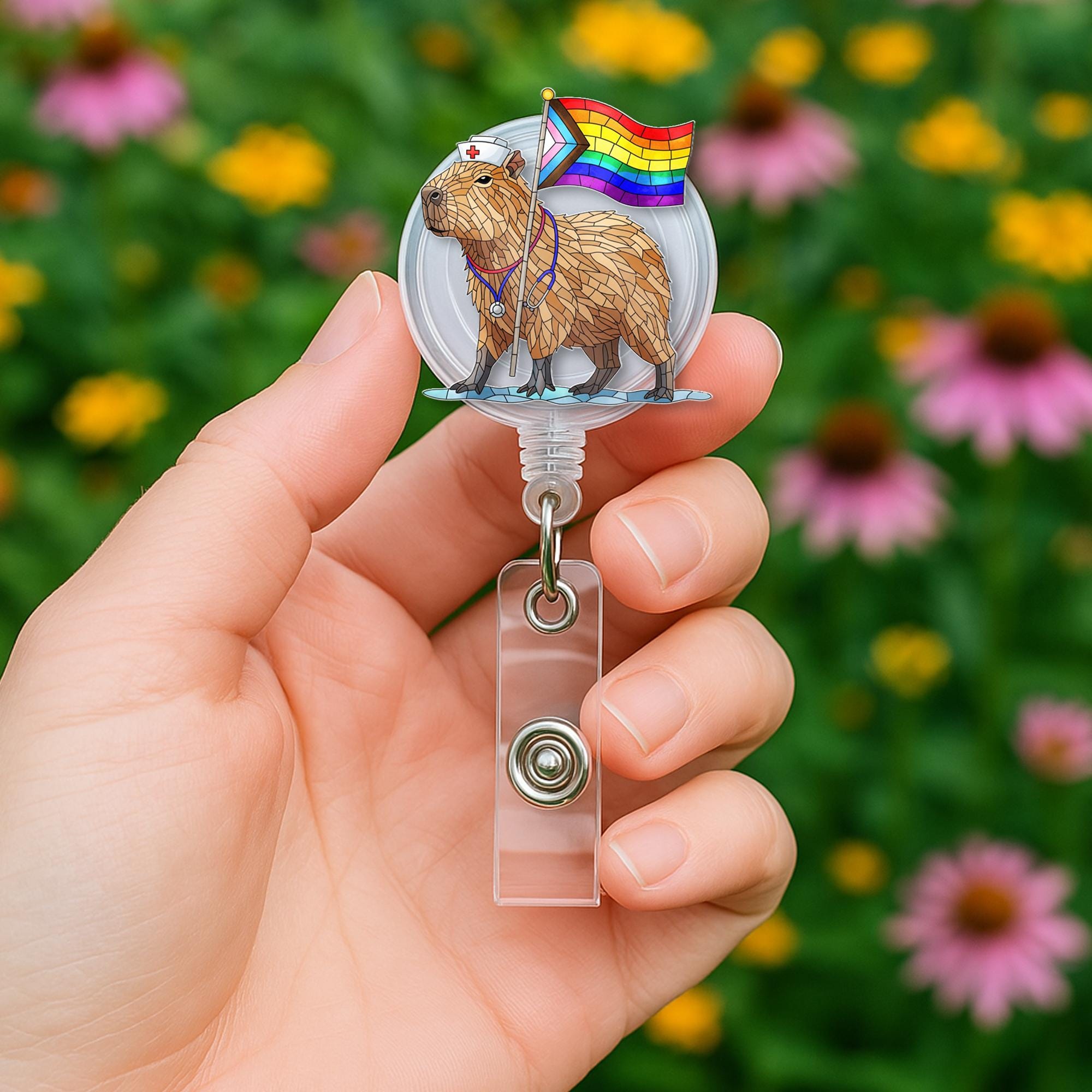 Capybara Nurse Pride Badge Reel, LGBTQ+ ID Holder, Rainbow Nurse Clip, Cute Capybara Badge, Pride Accessory, Fun Gift