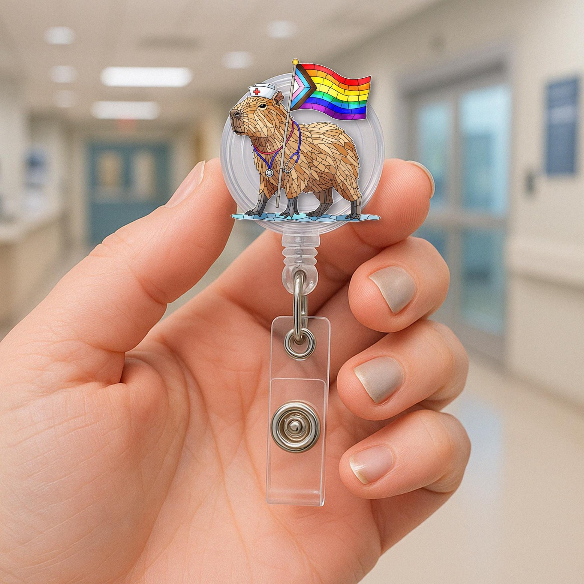 Capybara Nurse Pride Badge Reel, LGBTQ+ ID Holder, Rainbow Nurse Clip, Cute Capybara Badge, Pride Accessory, Fun Gift