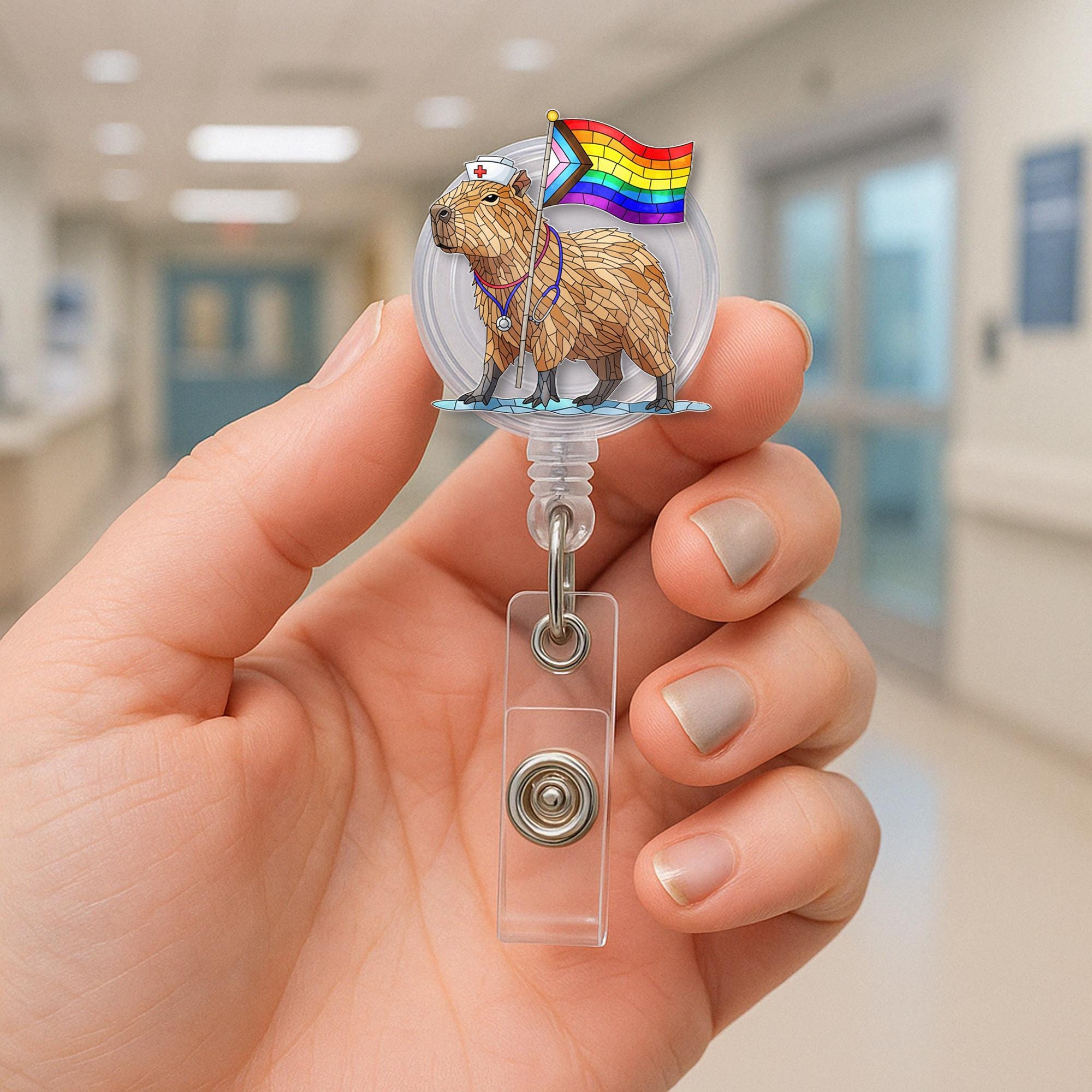 Capybara Nurse Pride Badge Reel, LGBTQ+ ID Holder, Rainbow Nurse Clip, Cute Capybara Badge, Pride Accessory, Fun Gift