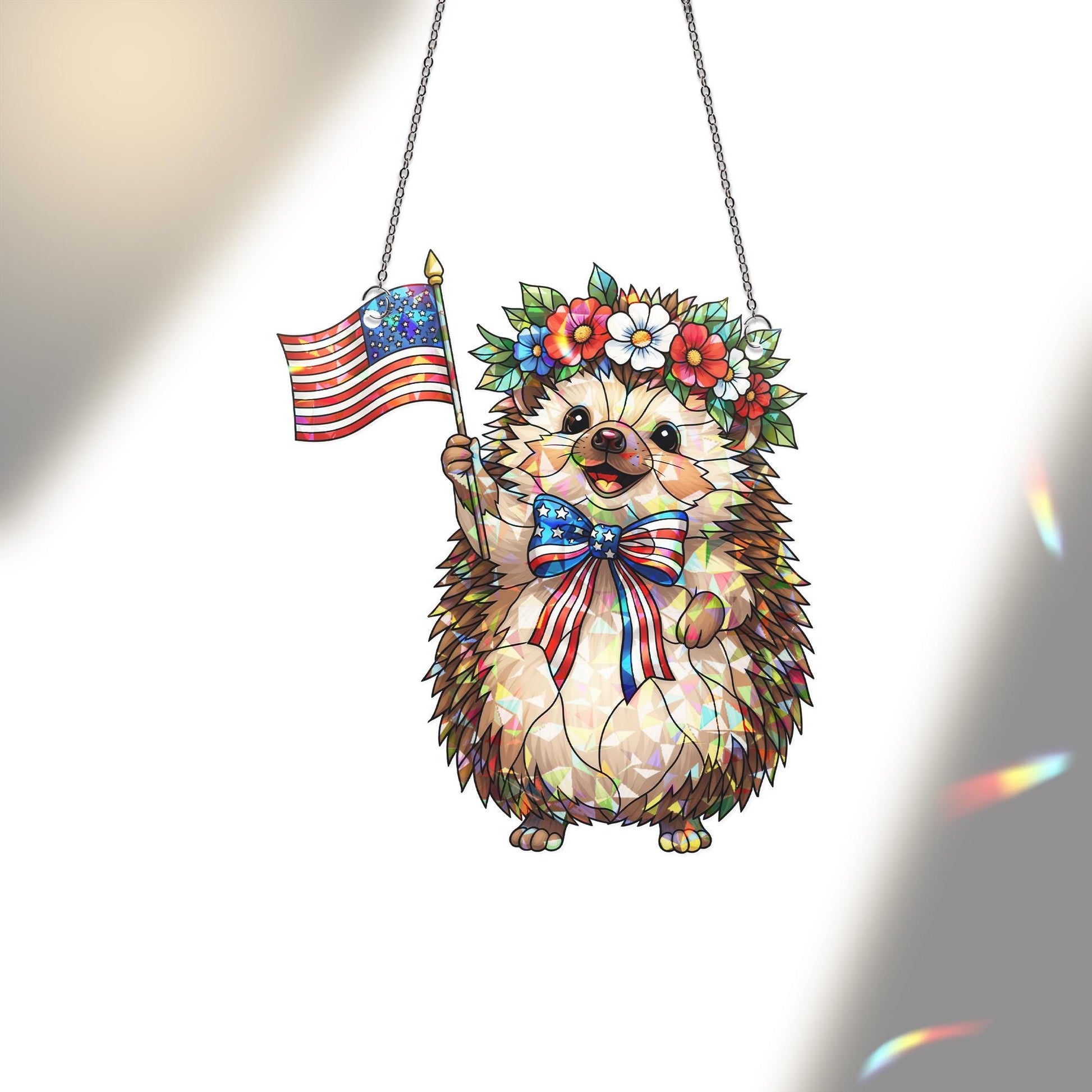 Patriotic Hedgehog Acrylic Window Hanging – 4th of July Suncatcher with USA Flag & Flowers, Cute Summer Independence Day Decor
