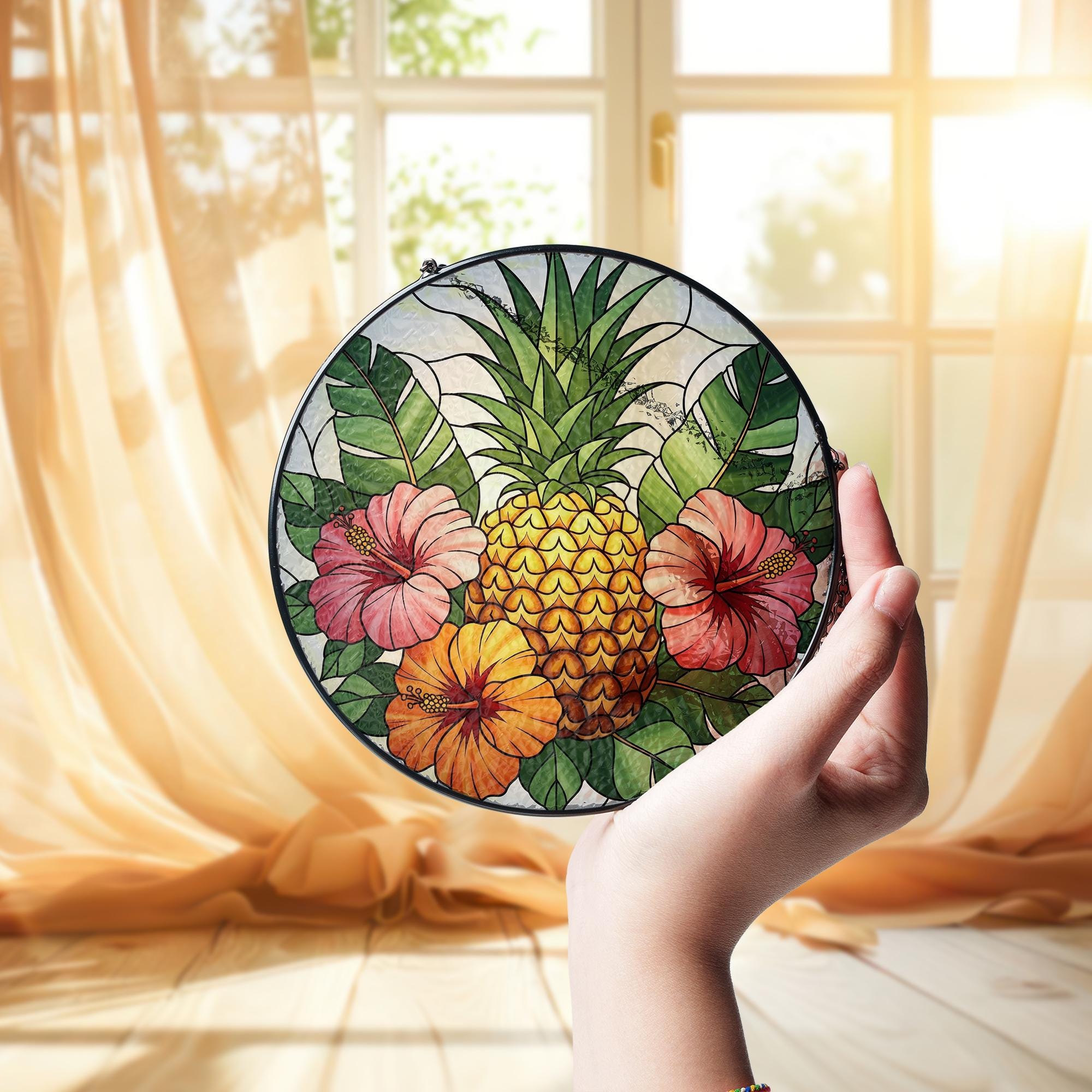 Tropical Pineapple Glass Suncatcher – Window Hanging with Hibiscus Flowers, Summer Beach House Sun Catcher Decor, Tropical Flower Decor