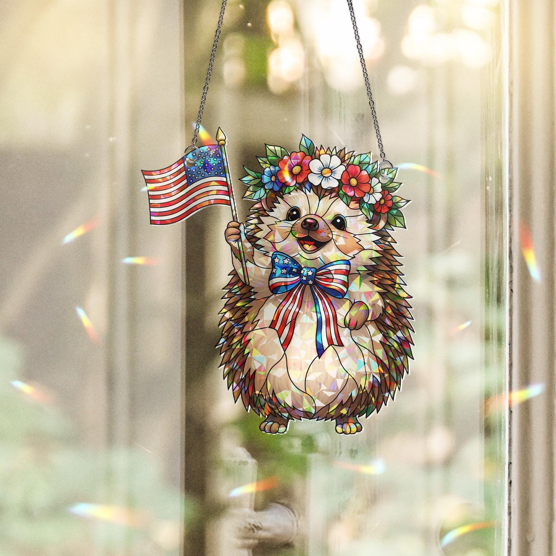 Patriotic Hedgehog Acrylic Window Hanging – 4th of July Suncatcher with USA Flag & Flowers, Cute Summer Independence Day Decor