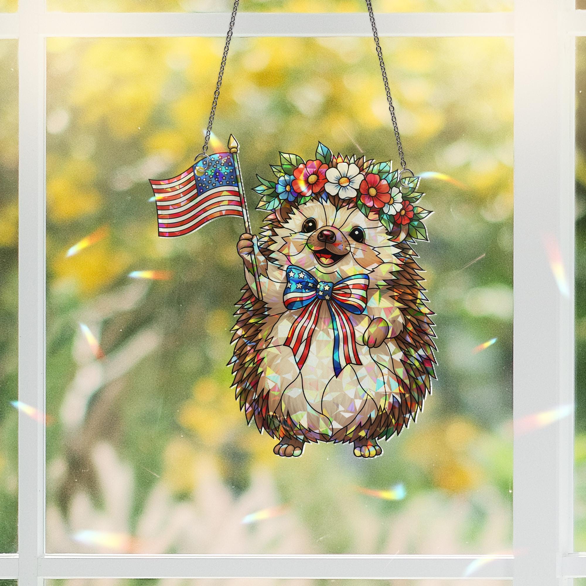 Patriotic Hedgehog Acrylic Window Hanging – 4th of July Suncatcher with USA Flag & Flowers, Cute Summer Independence Day Decor