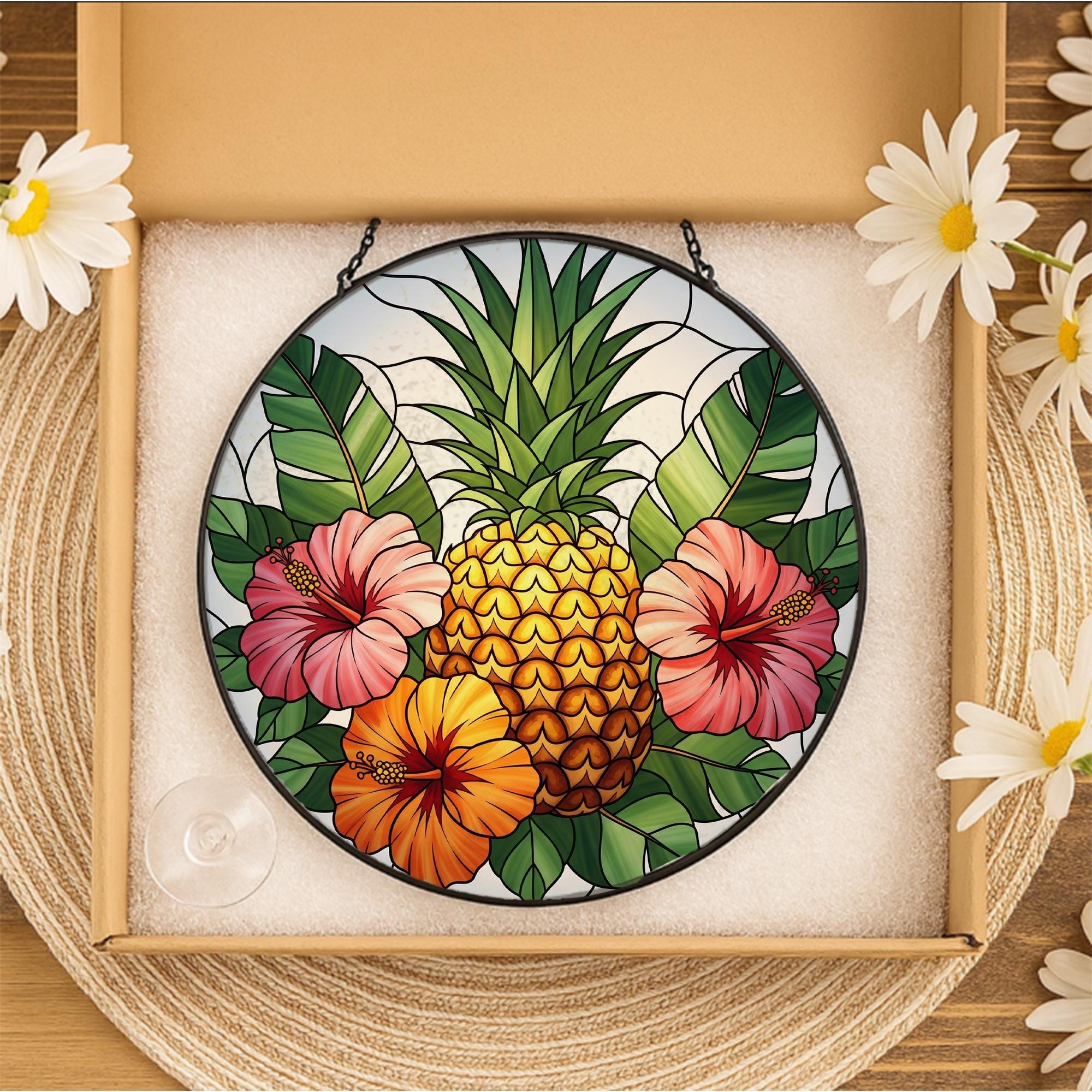 Tropical Pineapple Glass Suncatcher – Window Hanging with Hibiscus Flowers, Summer Beach House Sun Catcher Decor, Tropical Flower Decor