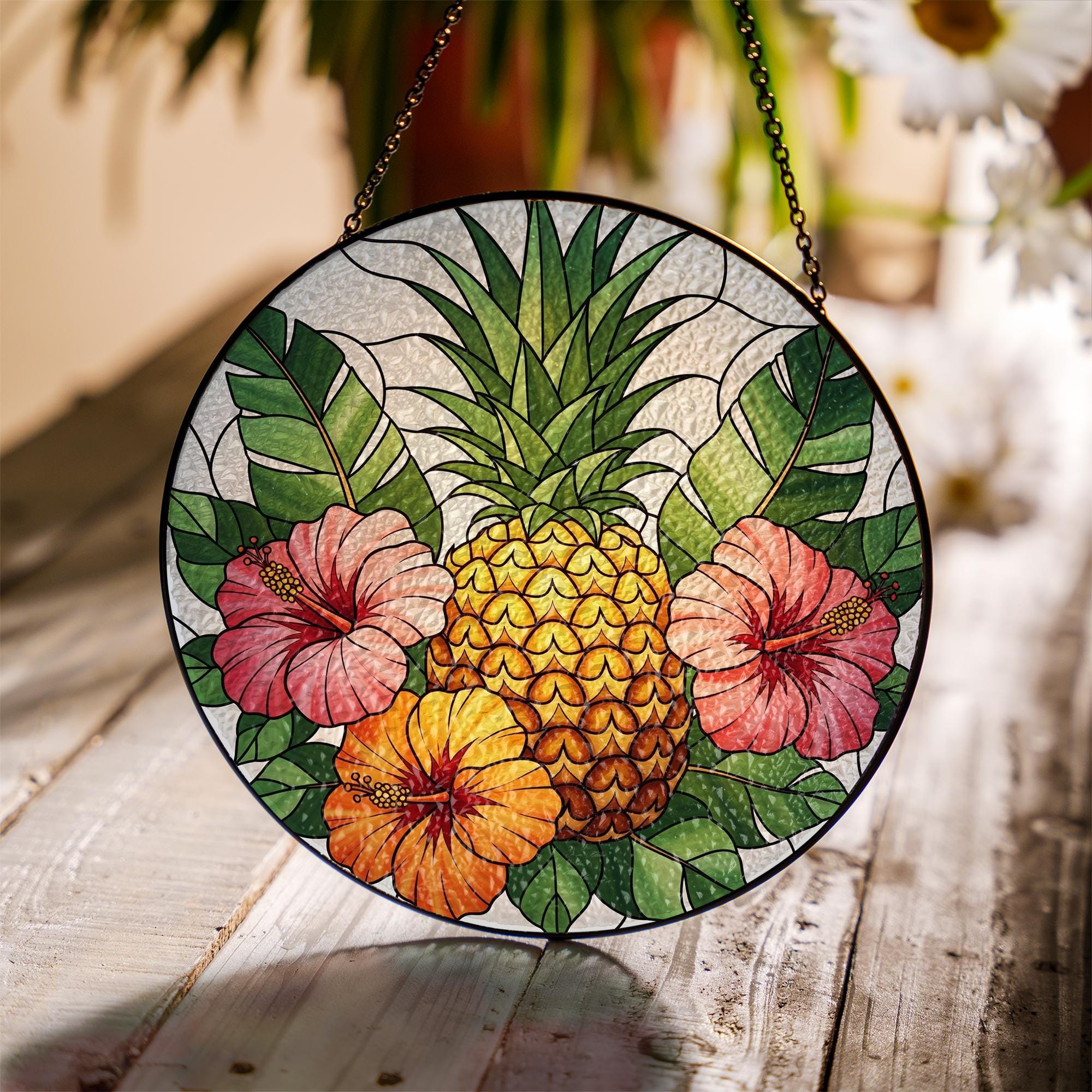 Tropical Pineapple Glass Suncatcher – Window Hanging with Hibiscus Flowers, Summer Beach House Sun Catcher Decor, Tropical Flower Decor