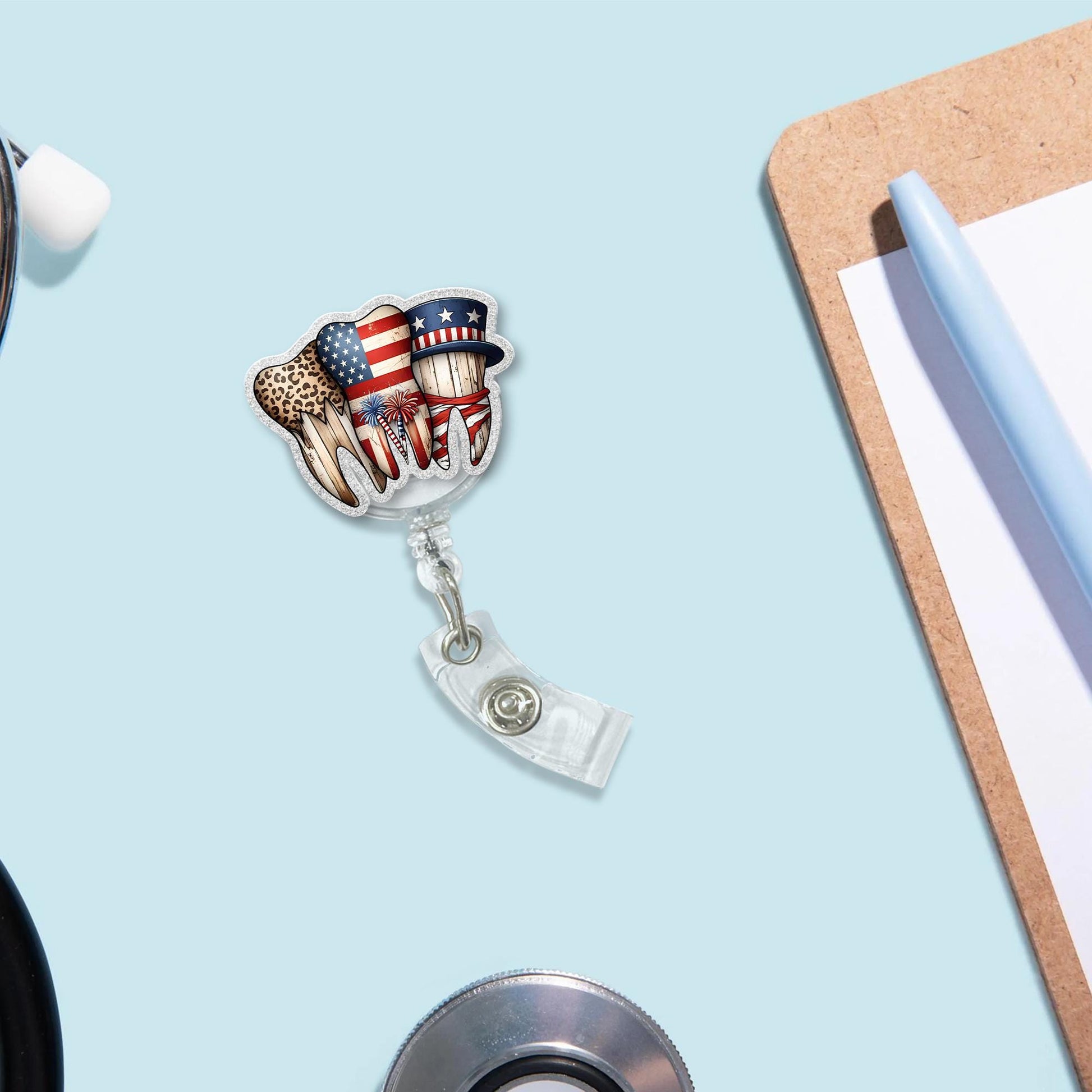 Patriotic Teeth Badge Reel – 4th of July Dental Hygienist ID Clip – Leopard Tooth USA Retractable Holder – Cute Dentist Office Gift