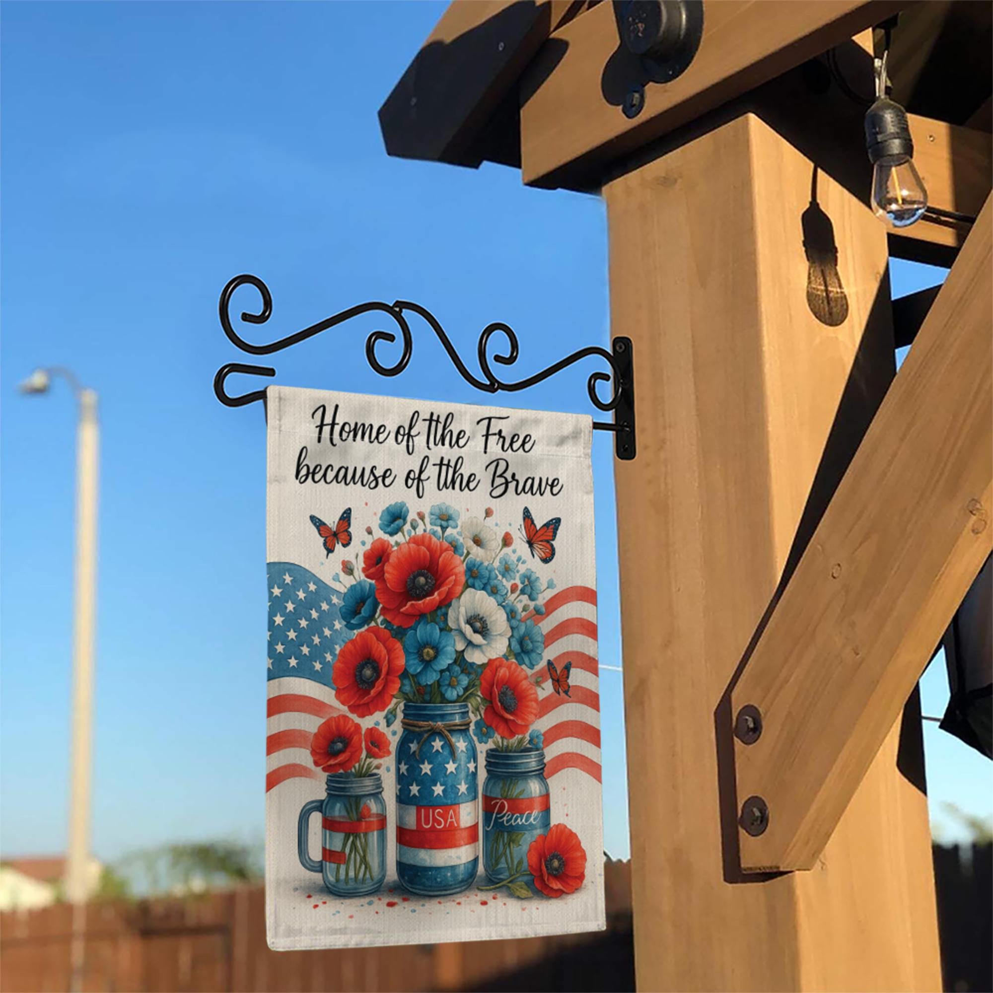 Home of the Free Garden Flag – Patriotic Memorial Day Yard Decor – Mason Jar American Flag Banner – Veterans Tribute Outdoor Sign