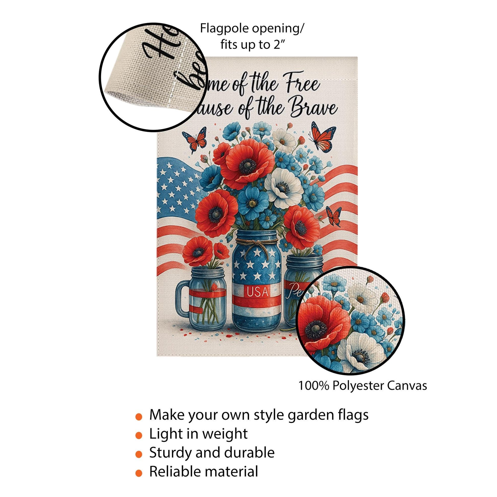Home of the Free Garden Flag – Patriotic Memorial Day Yard Decor – Mason Jar American Flag Banner – Veterans Tribute Outdoor Sign