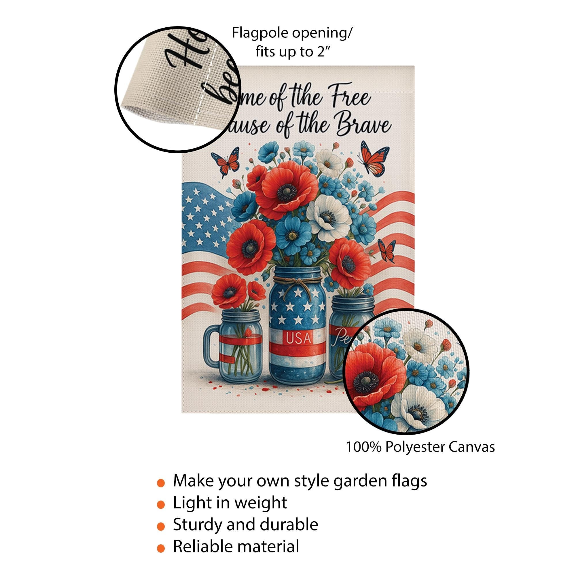 Home of the Free Garden Flag – Patriotic Memorial Day Yard Decor – Mason Jar American Flag Banner – Veterans Tribute Outdoor Sign