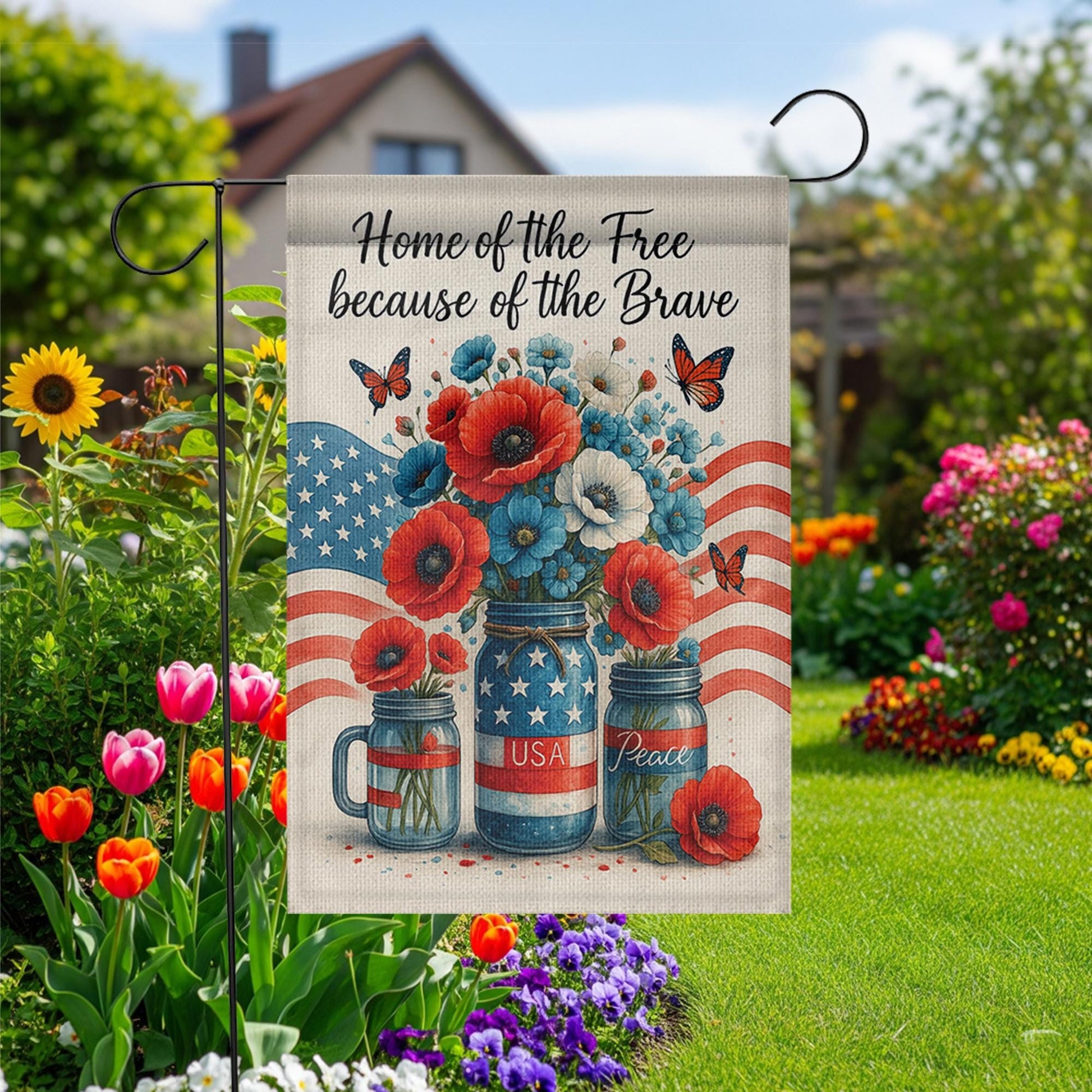 Home of the Free Garden Flag – Patriotic Memorial Day Yard Decor – Mason Jar American Flag Banner – Veterans Tribute Outdoor Sign