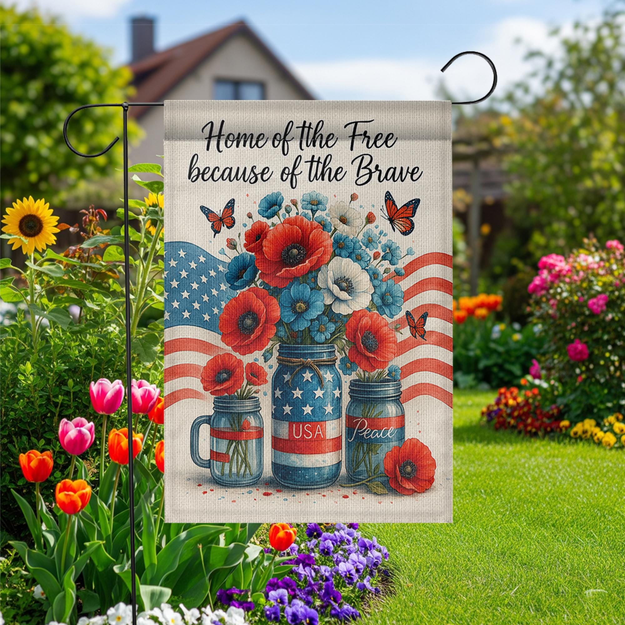 Home of the Free Garden Flag – Patriotic Memorial Day Yard Decor – Mason Jar American Flag Banner – Veterans Tribute Outdoor Sign