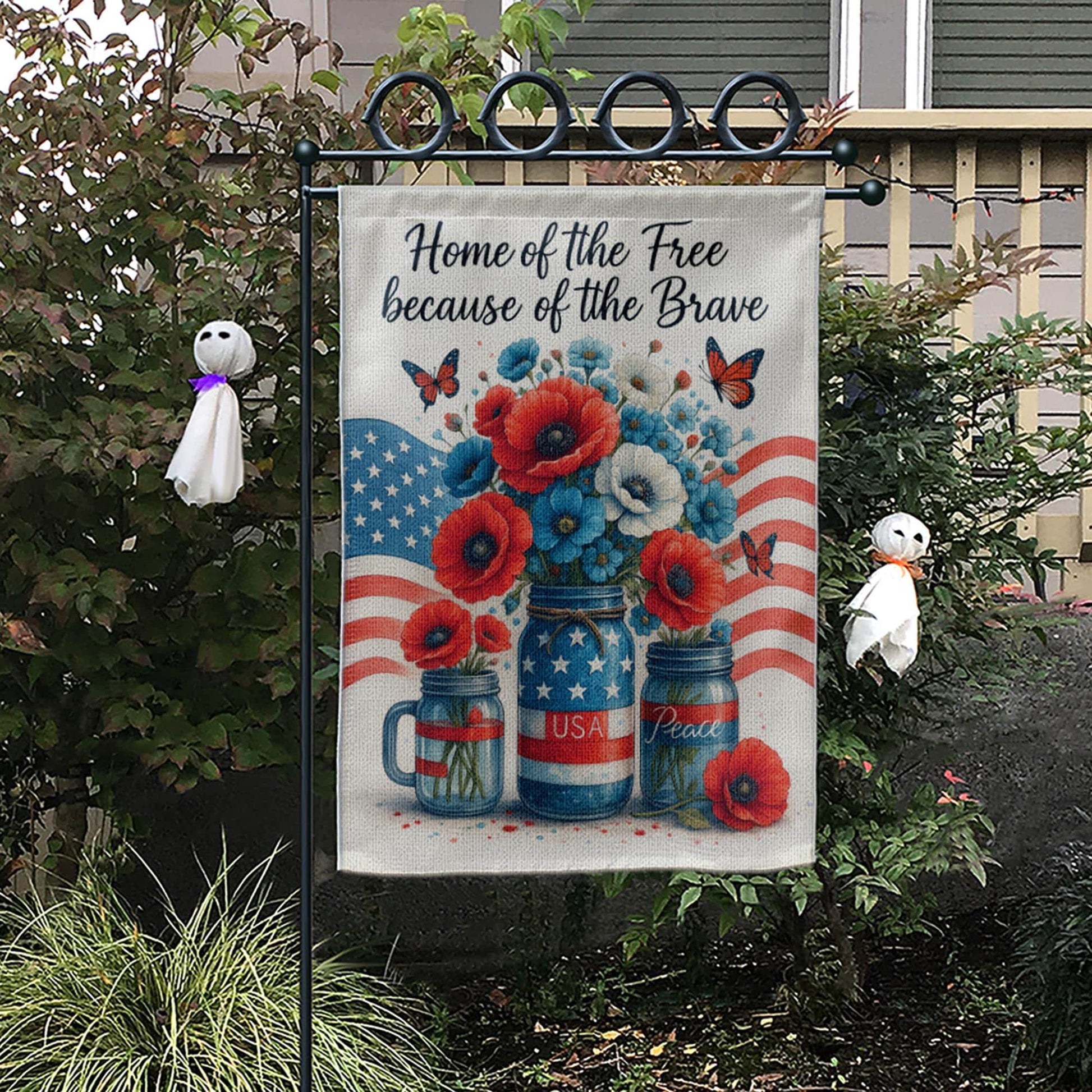 Home of the Free Garden Flag – Patriotic Memorial Day Yard Decor – Mason Jar American Flag Banner – Veterans Tribute Outdoor Sign