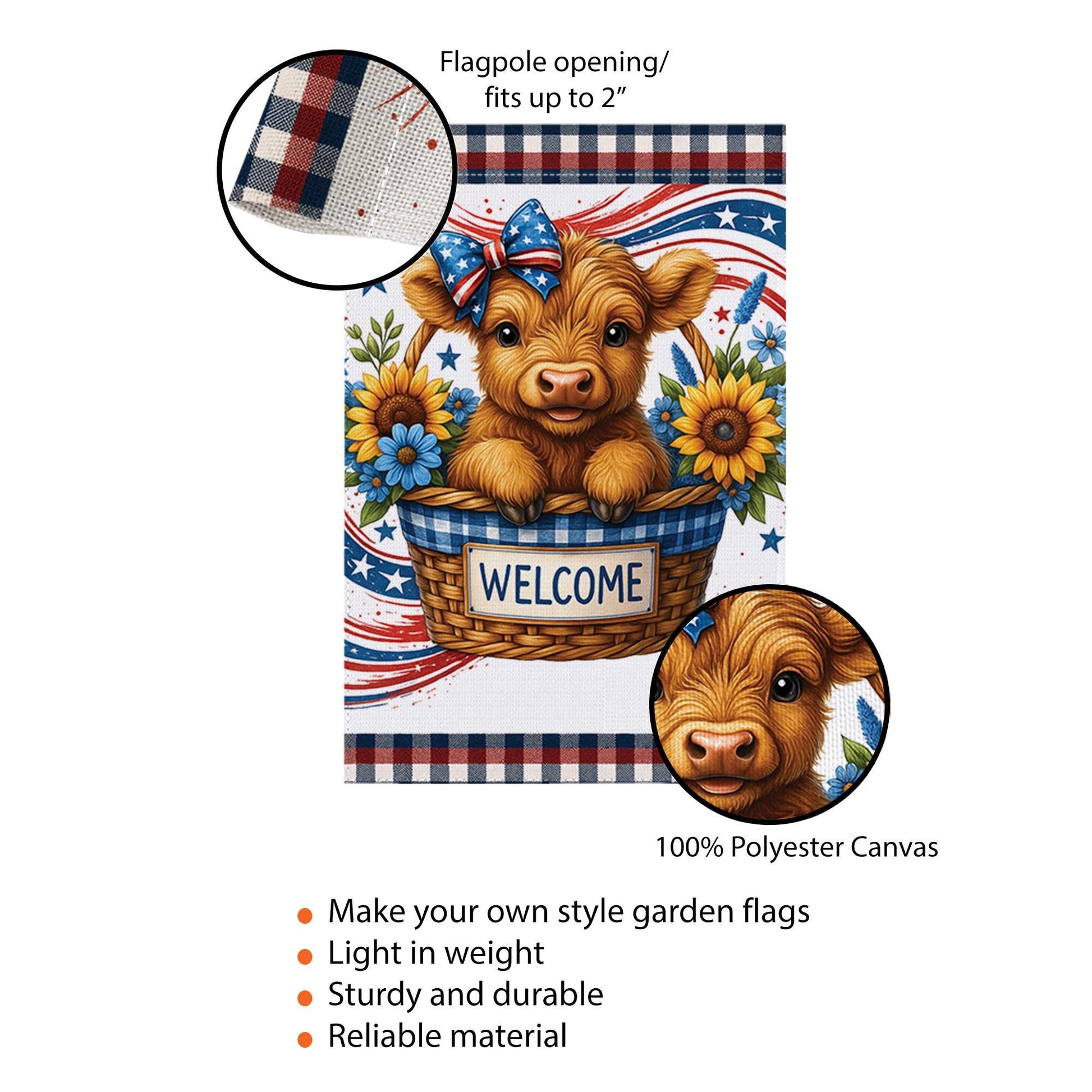 Patriotic Cow Welcome Garden Flag – Highland Calf Farmhouse Yard Decor – 4th of July Country Floral Banner – Summer Outdoor Flag