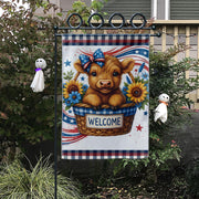 Patriotic Cow Welcome Garden Flag – Highland Calf Farmhouse Yard Decor – 4th of July Country Floral Banner – Summer Outdoor Flag