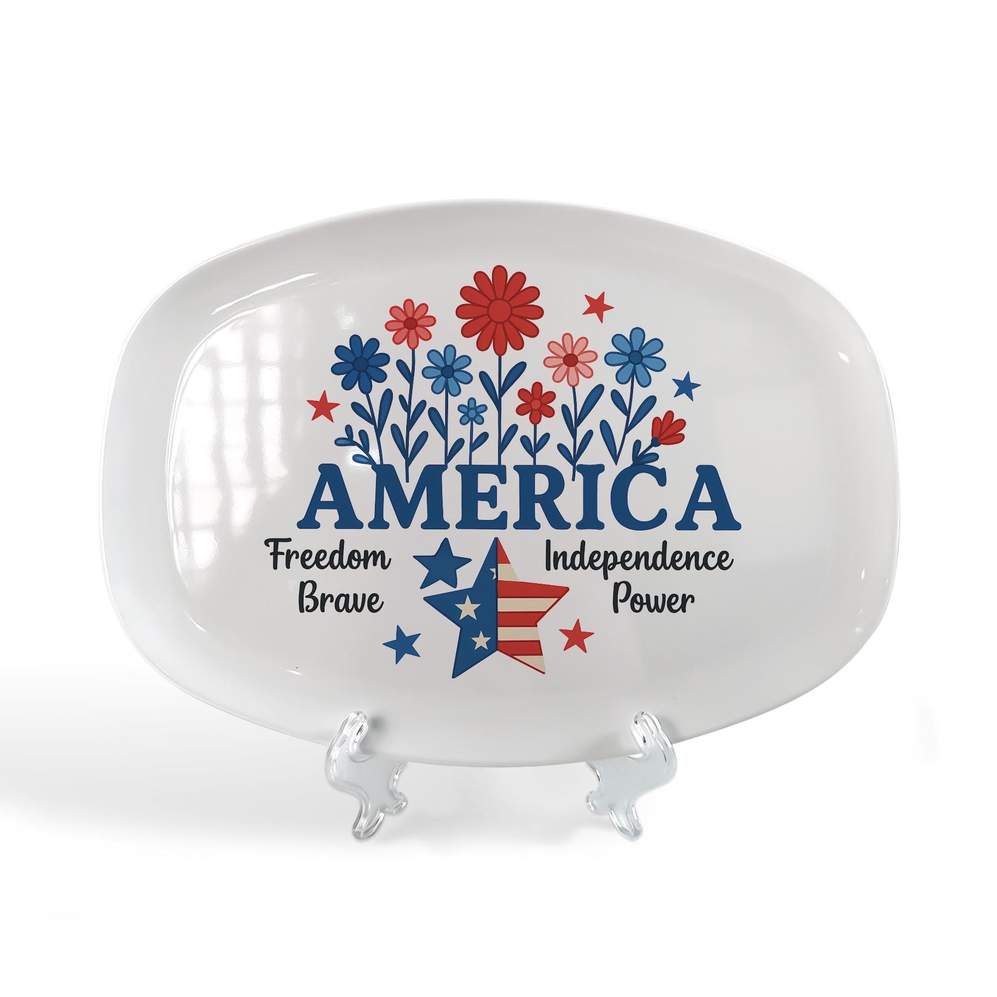 Patriotic 4th of July Platter – America Themed Serving Tray with Stars and Flowers, Independence Day Party Tableware Decor