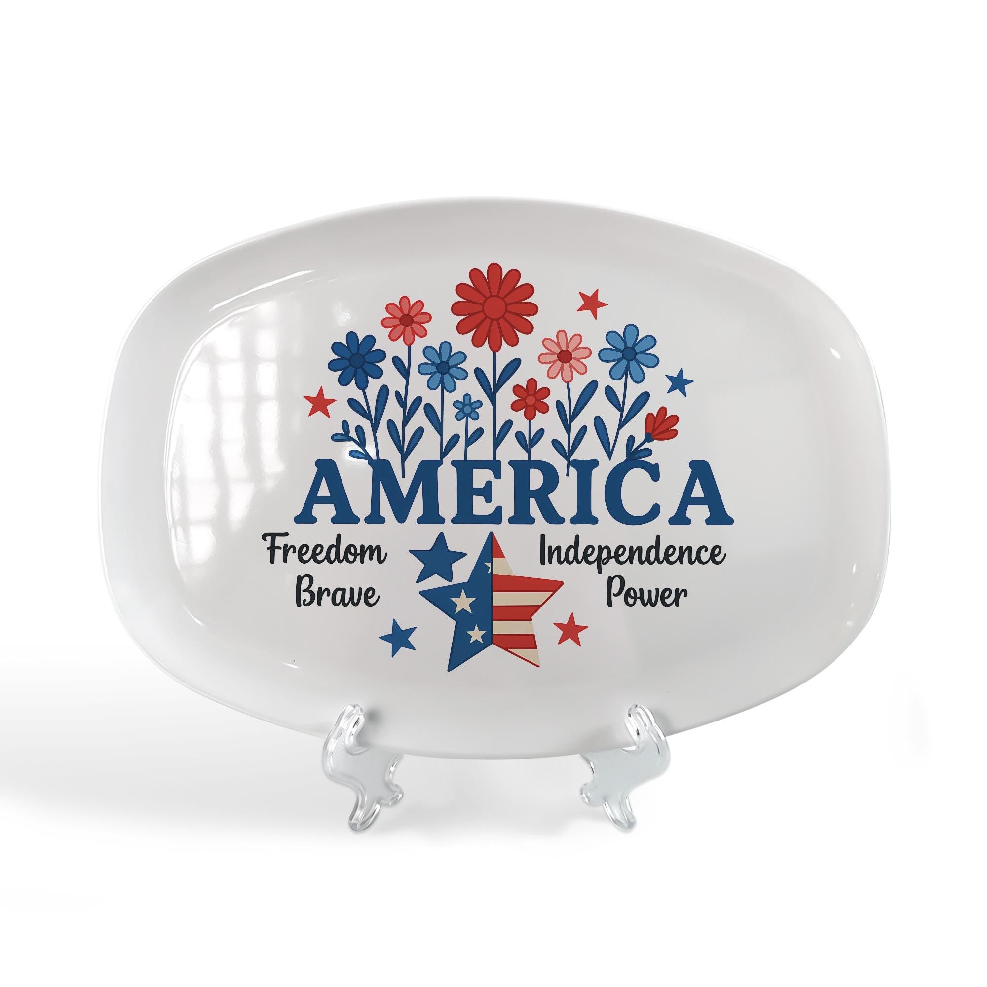 Patriotic 4th of July Platter – America Themed Serving Tray with Stars and Flowers, Independence Day Party Tableware Decor