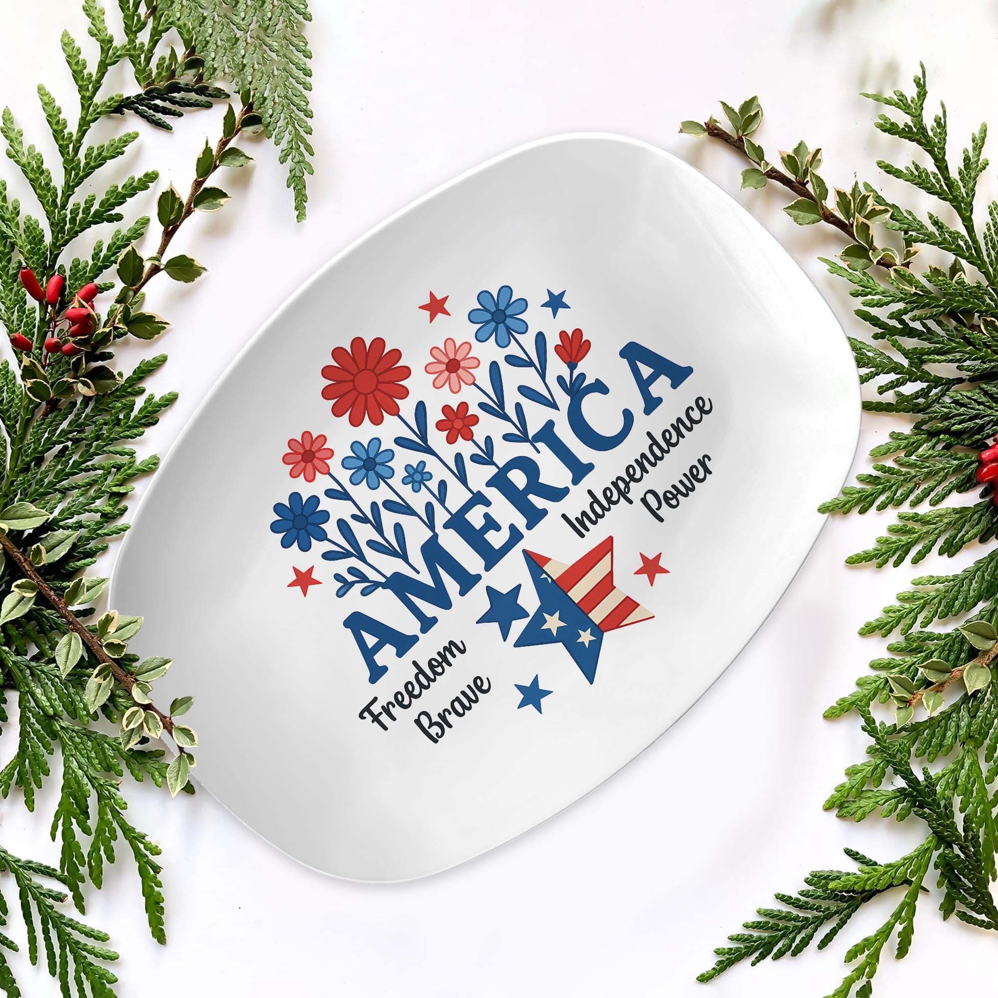 Patriotic 4th of July Platter – America Themed Serving Tray with Stars and Flowers, Independence Day Party Tableware Decor
