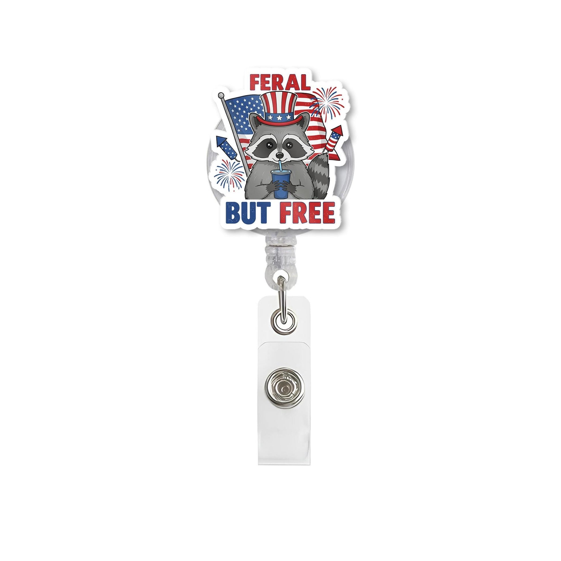 Feral But Free Raccoon Badge Reel - Patriotic Animal Retractable ID Holder, Funny 4th of July Nurse Teacher Office Gift