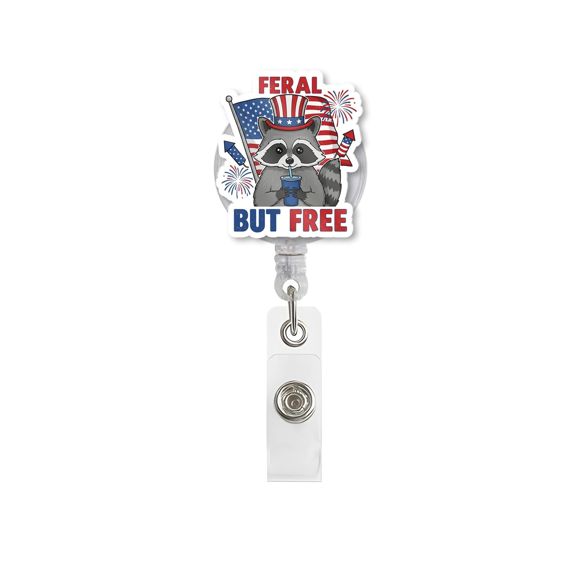 Feral But Free Raccoon Badge Reel - Patriotic Animal Retractable ID Holder, Funny 4th of July Nurse Teacher Office Gift