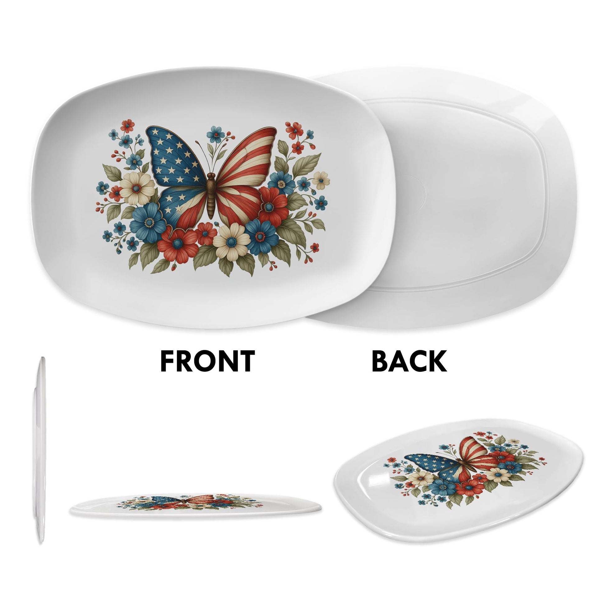 4th of July Butterfly Platter – Patriotic USA Flag Serving Tray with Red White Blue Flowers, Independence Day Party Tableware