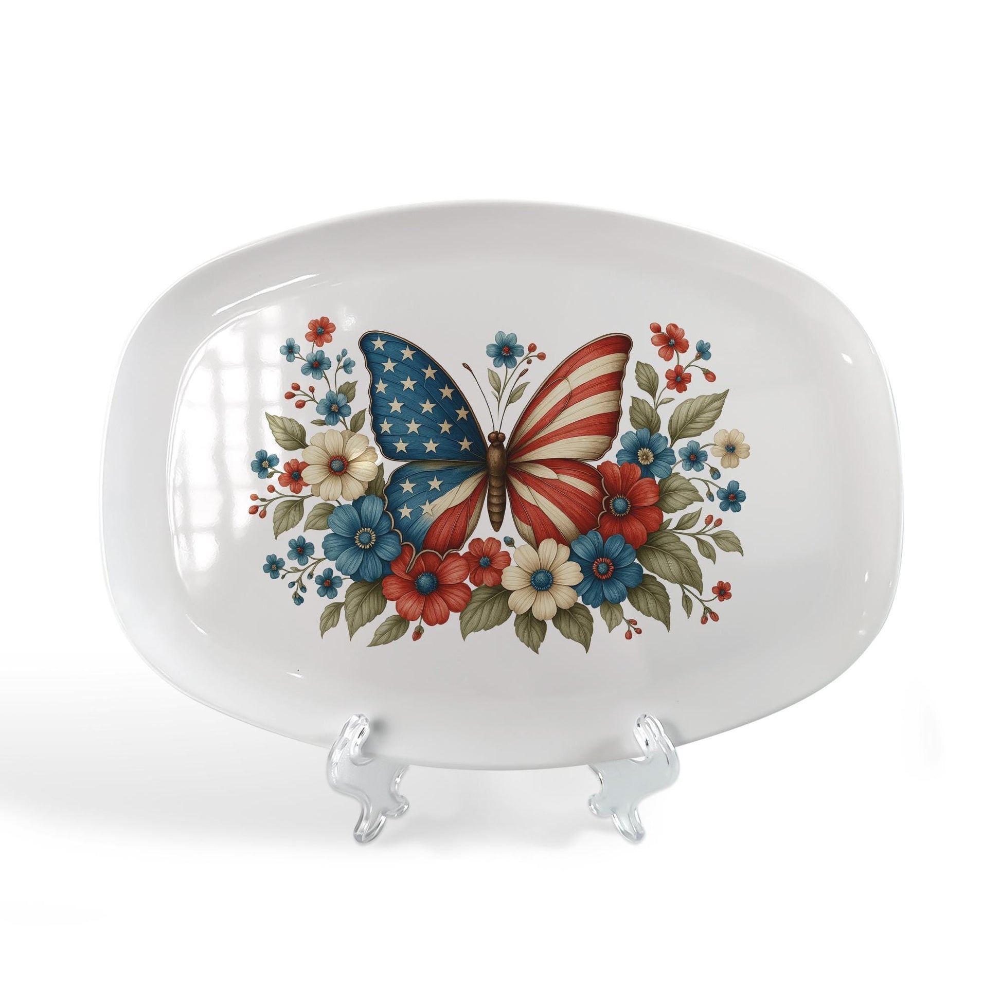 4th of July Butterfly Platter – Patriotic USA Flag Serving Tray with Red White Blue Flowers, Independence Day Party Tableware