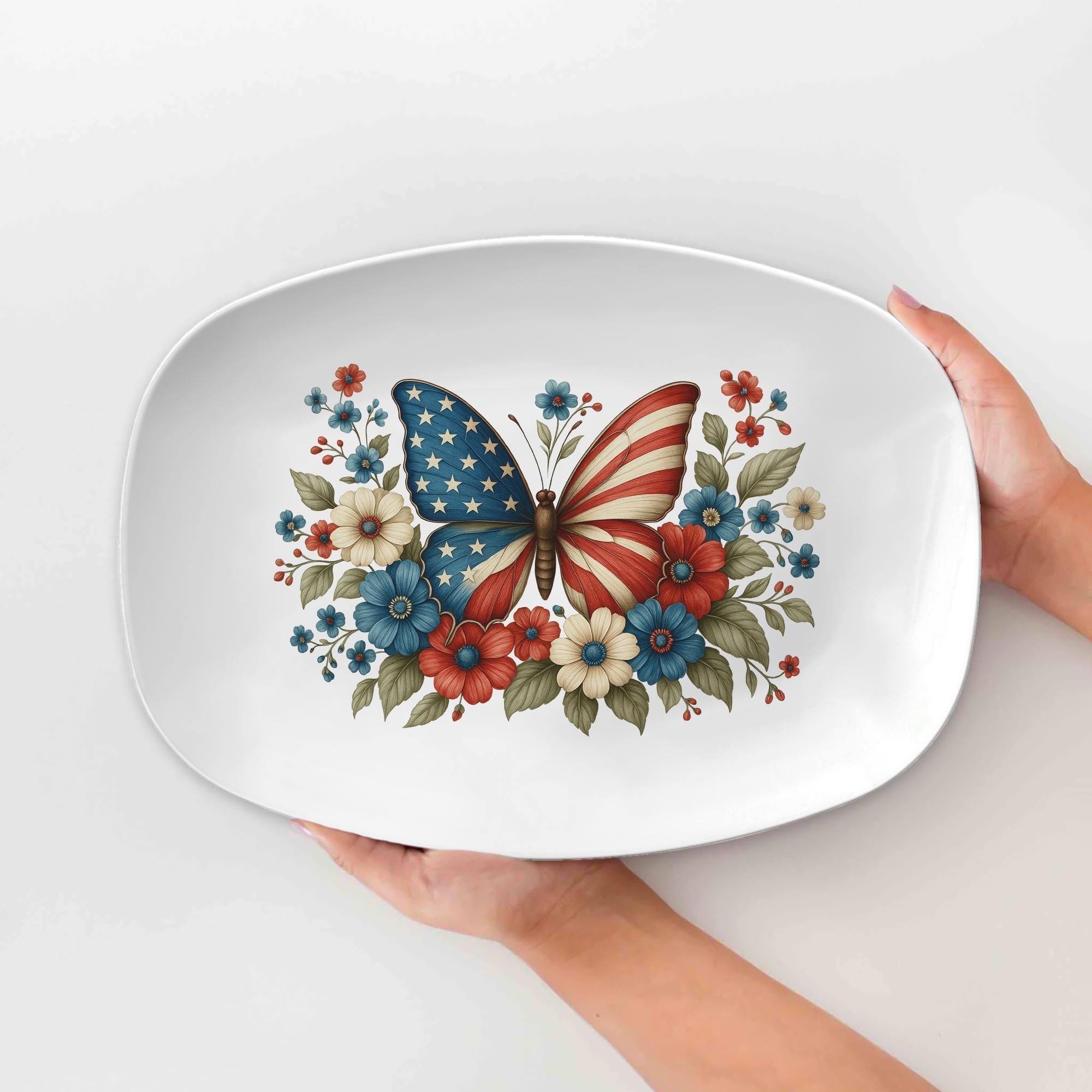4th of July Butterfly Platter – Patriotic USA Flag Serving Tray with Red White Blue Flowers, Independence Day Party Tableware