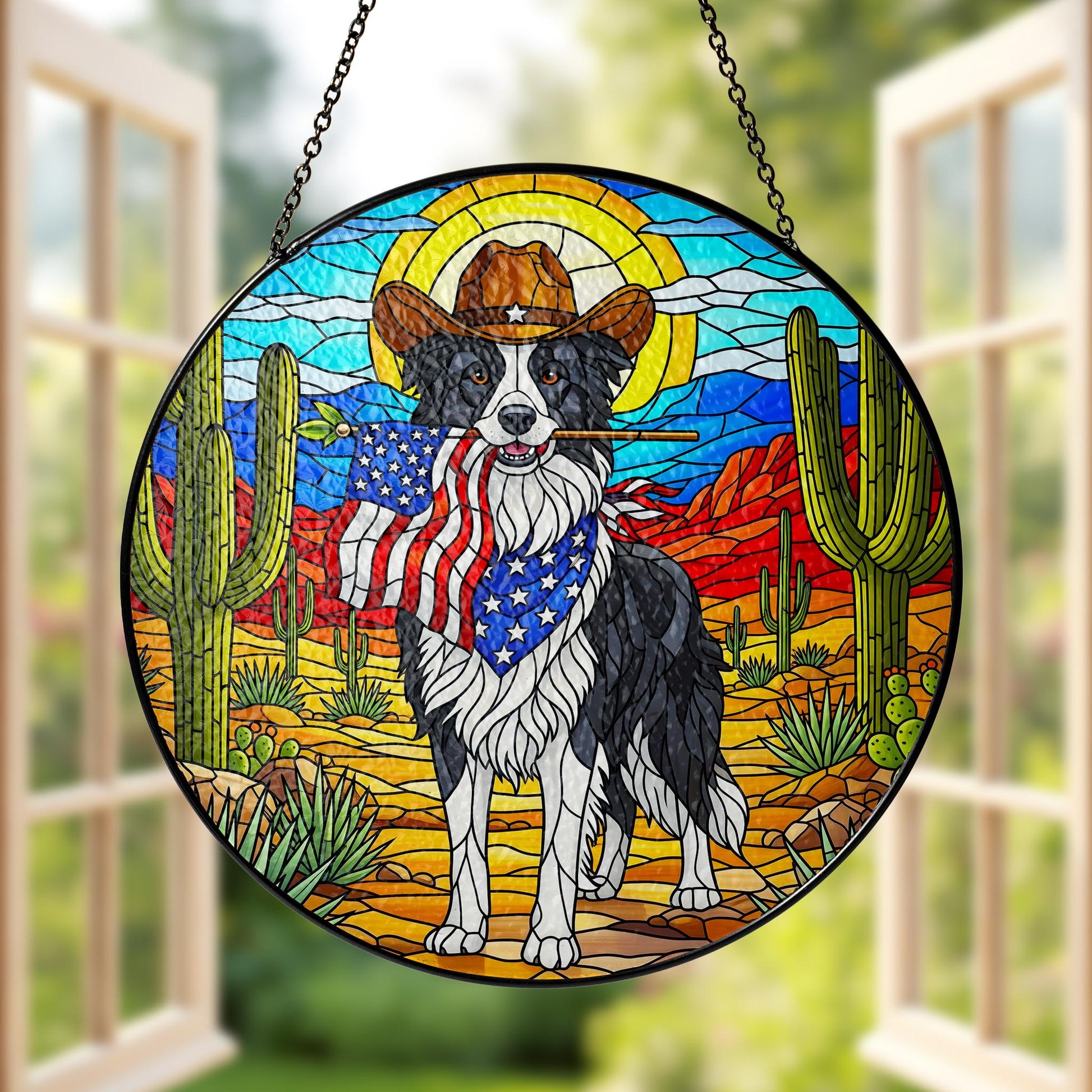Western Border Collie Glass Suncatcher, Cowboy Dog Ornament, Patriotic Farmhouse Decor, Unique Pet Lover Gift Idea, Patriotic Window Decor