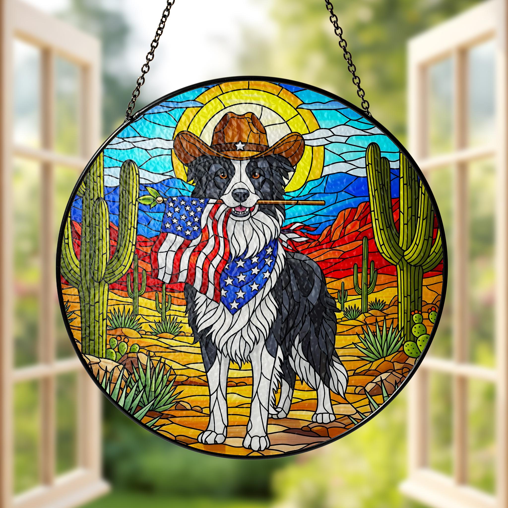 Western Border Collie Glass Suncatcher, Cowboy Dog Ornament, Patriotic Farmhouse Decor, Unique Pet Lover Gift Idea, Patriotic Window Decor