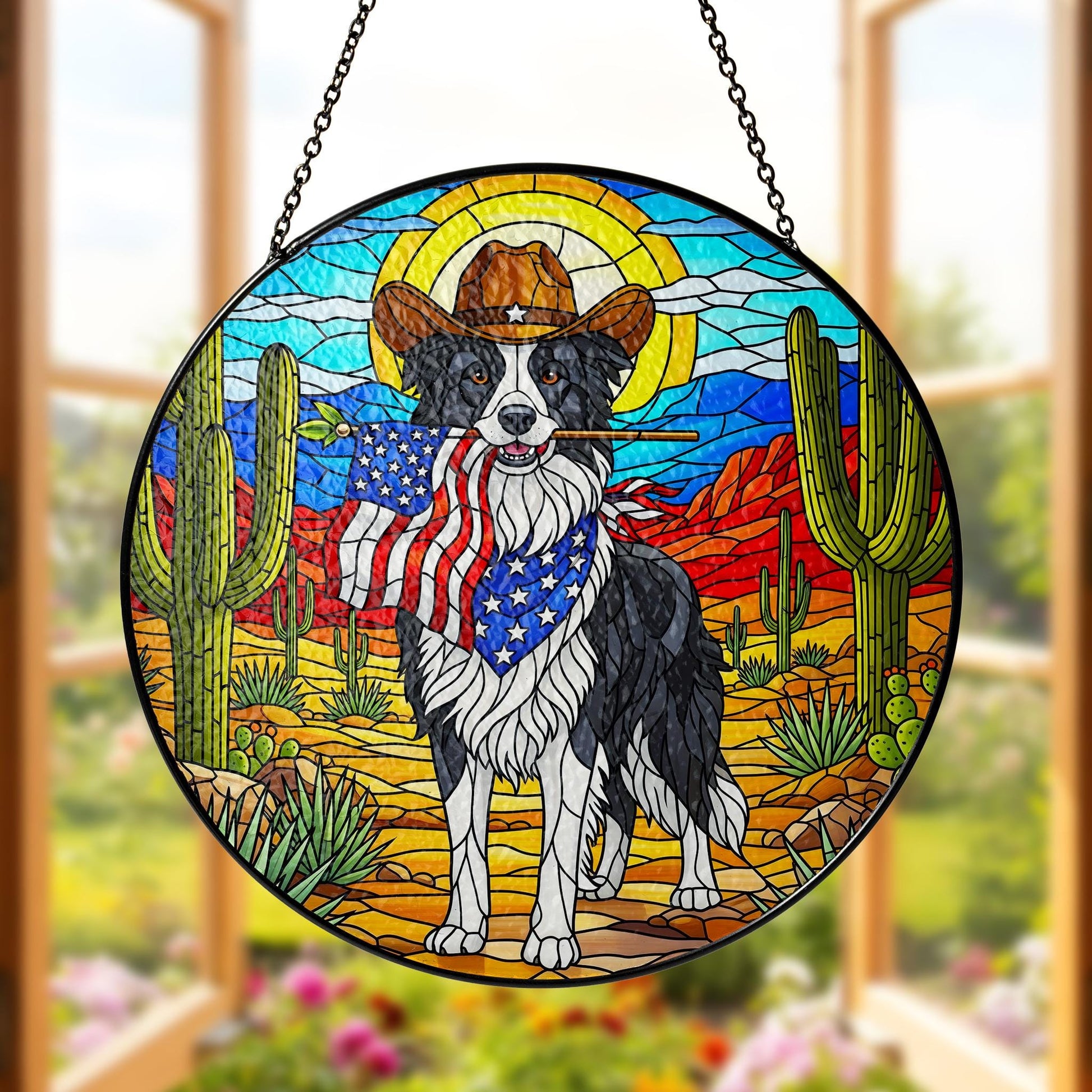 Western Border Collie Glass Suncatcher, Cowboy Dog Ornament, Patriotic Farmhouse Decor, Unique Pet Lover Gift Idea, Patriotic Window Decor