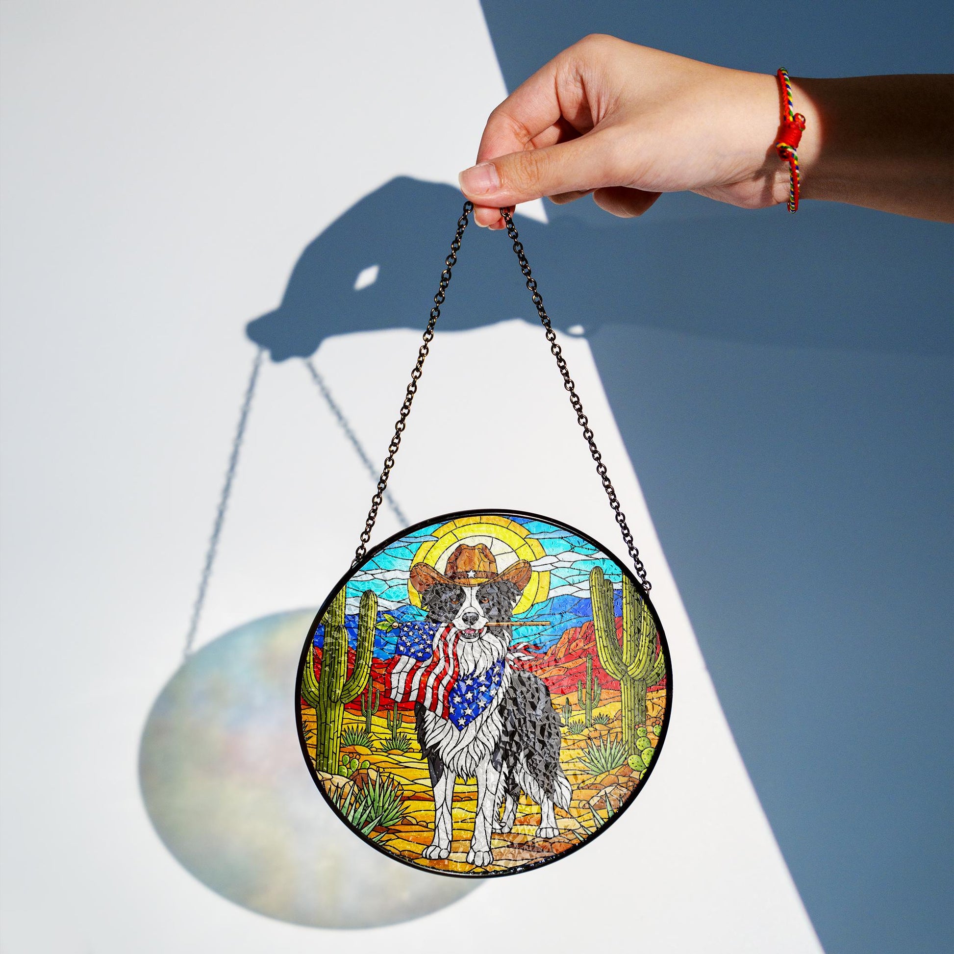 Western Border Collie Glass Suncatcher, Cowboy Dog Ornament, Patriotic Farmhouse Decor, Unique Pet Lover Gift Idea, Patriotic Window Decor