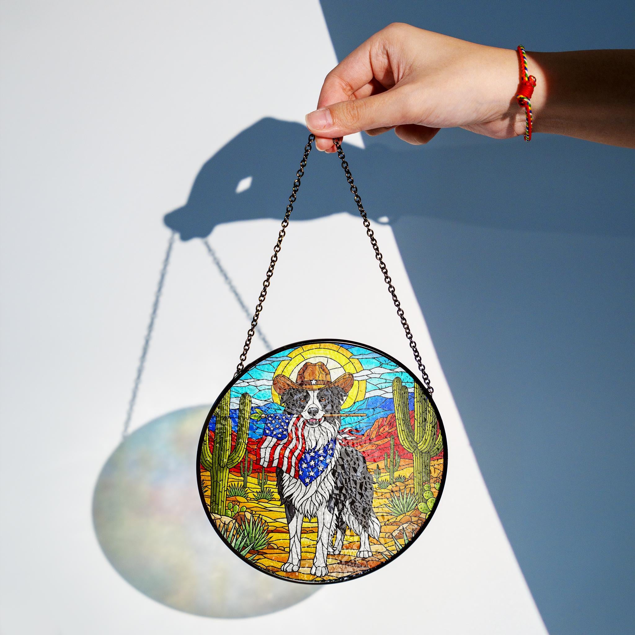 Western Border Collie Glass Suncatcher, Cowboy Dog Ornament, Patriotic Farmhouse Decor, Unique Pet Lover Gift Idea, Patriotic Window Decor