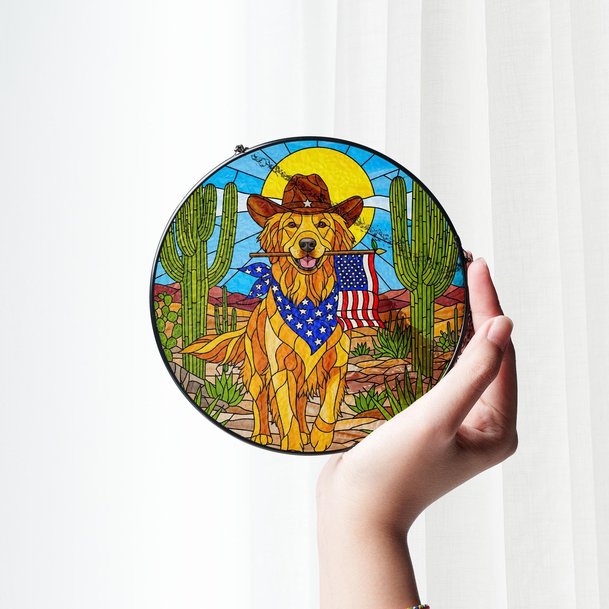 Patriotic Golden Retriever Glass Suncatcher, Western Cowboy Dog Window Hanging, American Flag Desert Art Decor Gift, Dog Lover Gift