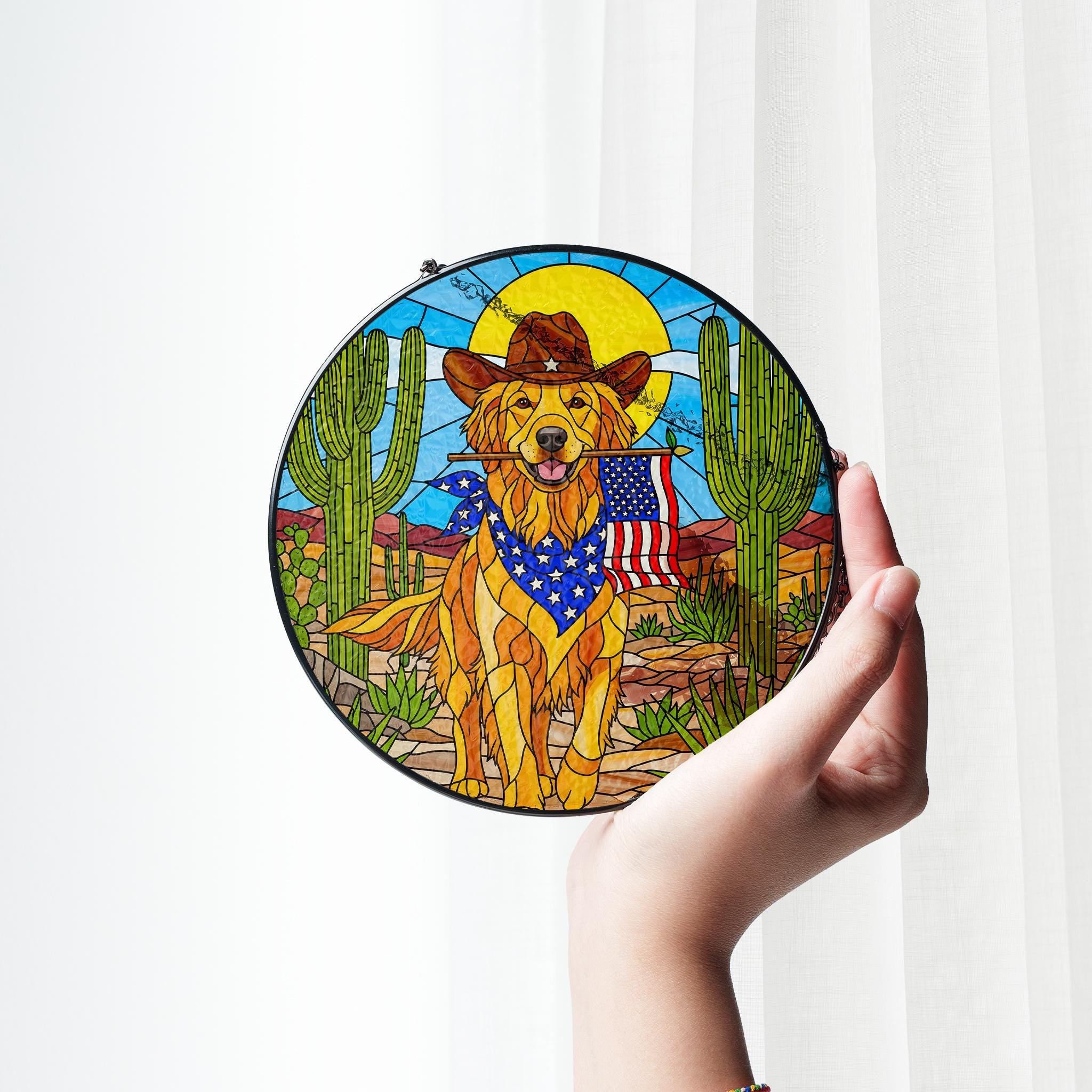 Patriotic Golden Retriever Glass Suncatcher, Western Cowboy Dog Window Hanging, American Flag Desert Art Decor Gift, Dog Lover Gift