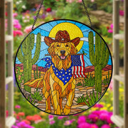 Patriotic Golden Retriever Glass Suncatcher, Western Cowboy Dog Window Hanging, American Flag Desert Art Decor Gift, Dog Lover Gift