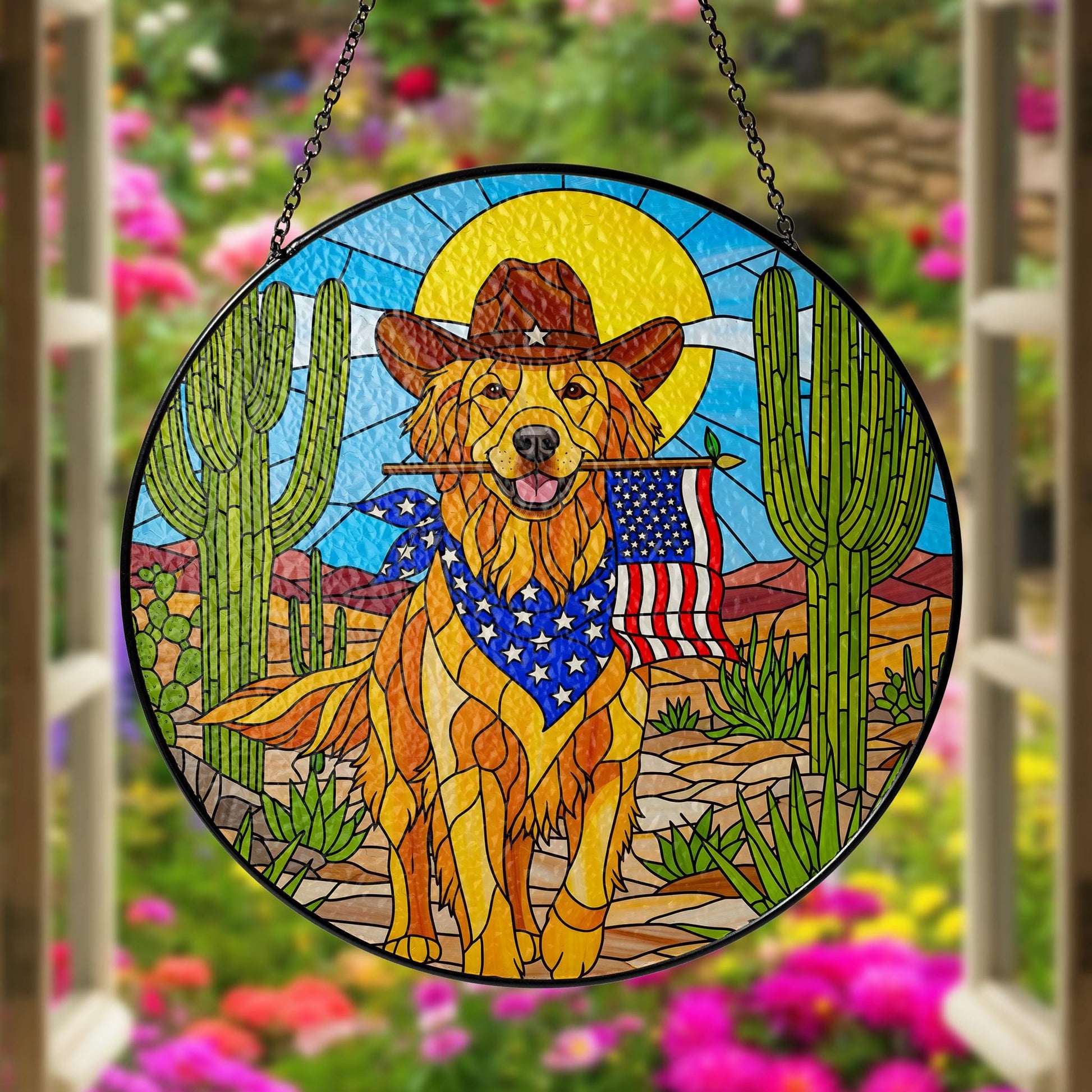 Patriotic Golden Retriever Glass Suncatcher, Western Cowboy Dog Window Hanging, American Flag Desert Art Decor Gift, Dog Lover Gift