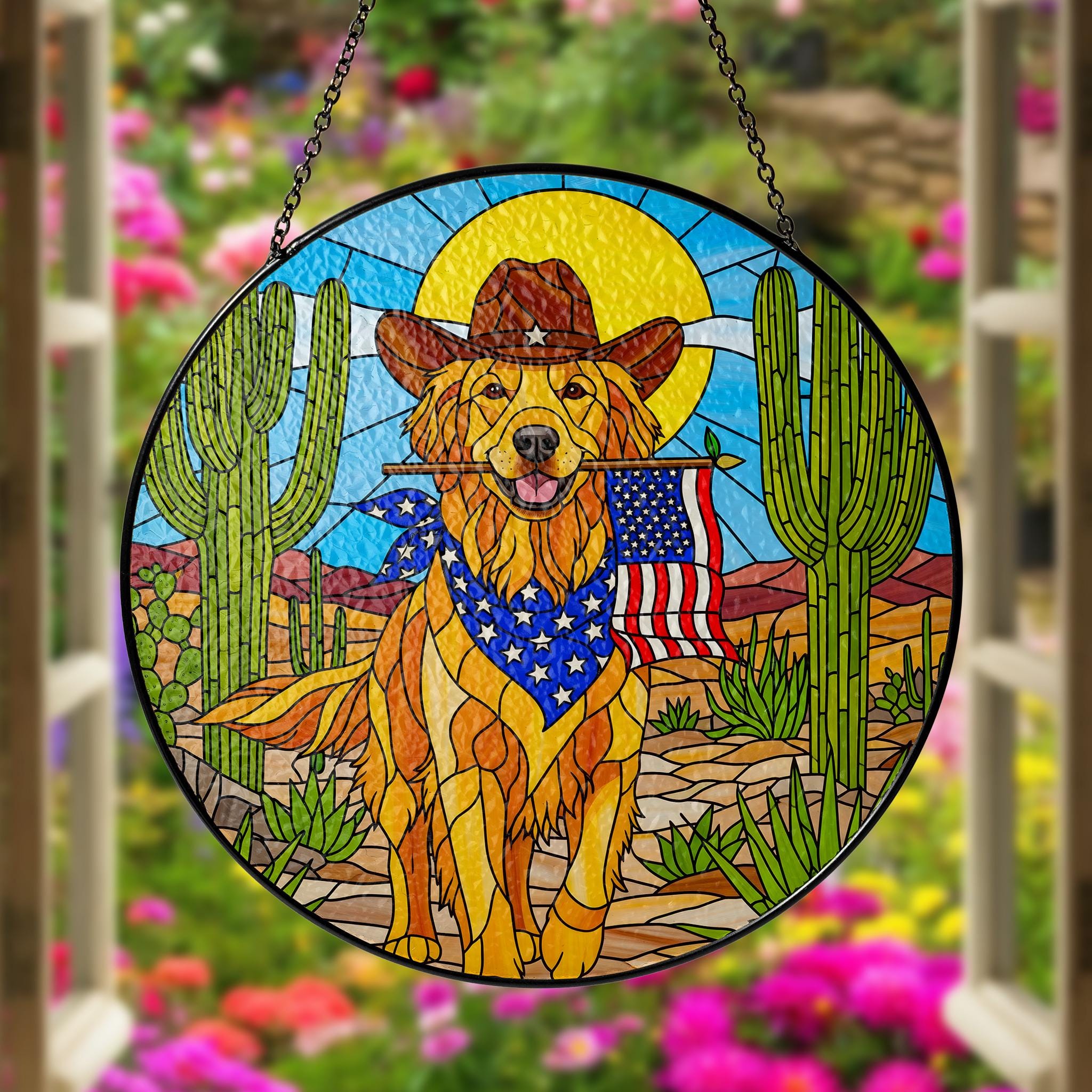 Patriotic Golden Retriever Glass Suncatcher, Western Cowboy Dog Window Hanging, American Flag Desert Art Decor Gift, Dog Lover Gift