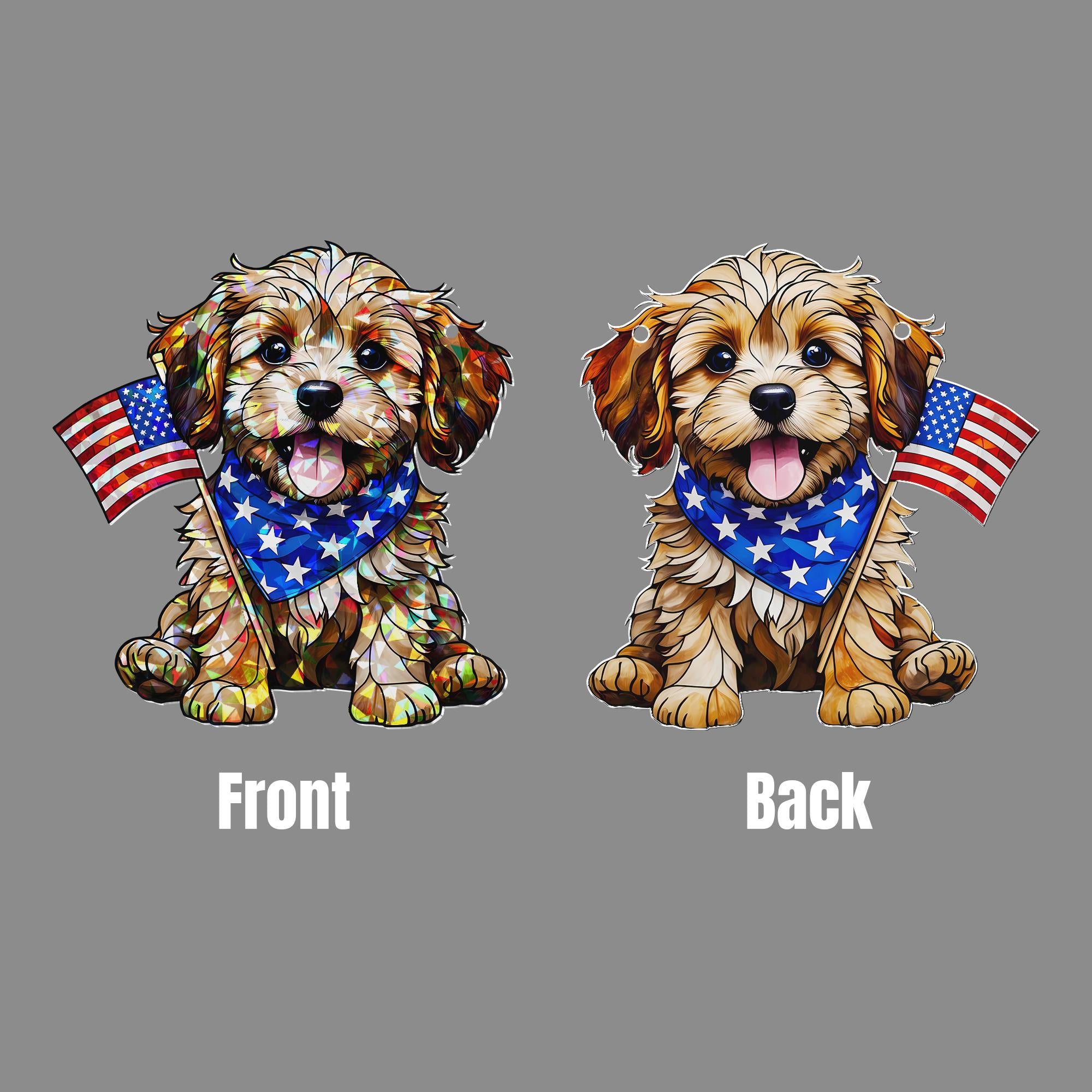 Patriotic Puppy Acrylic Window Hanging – 4th of July Dog Suncatcher – USA Flag Decor – Independence Day Home Decoration Gift