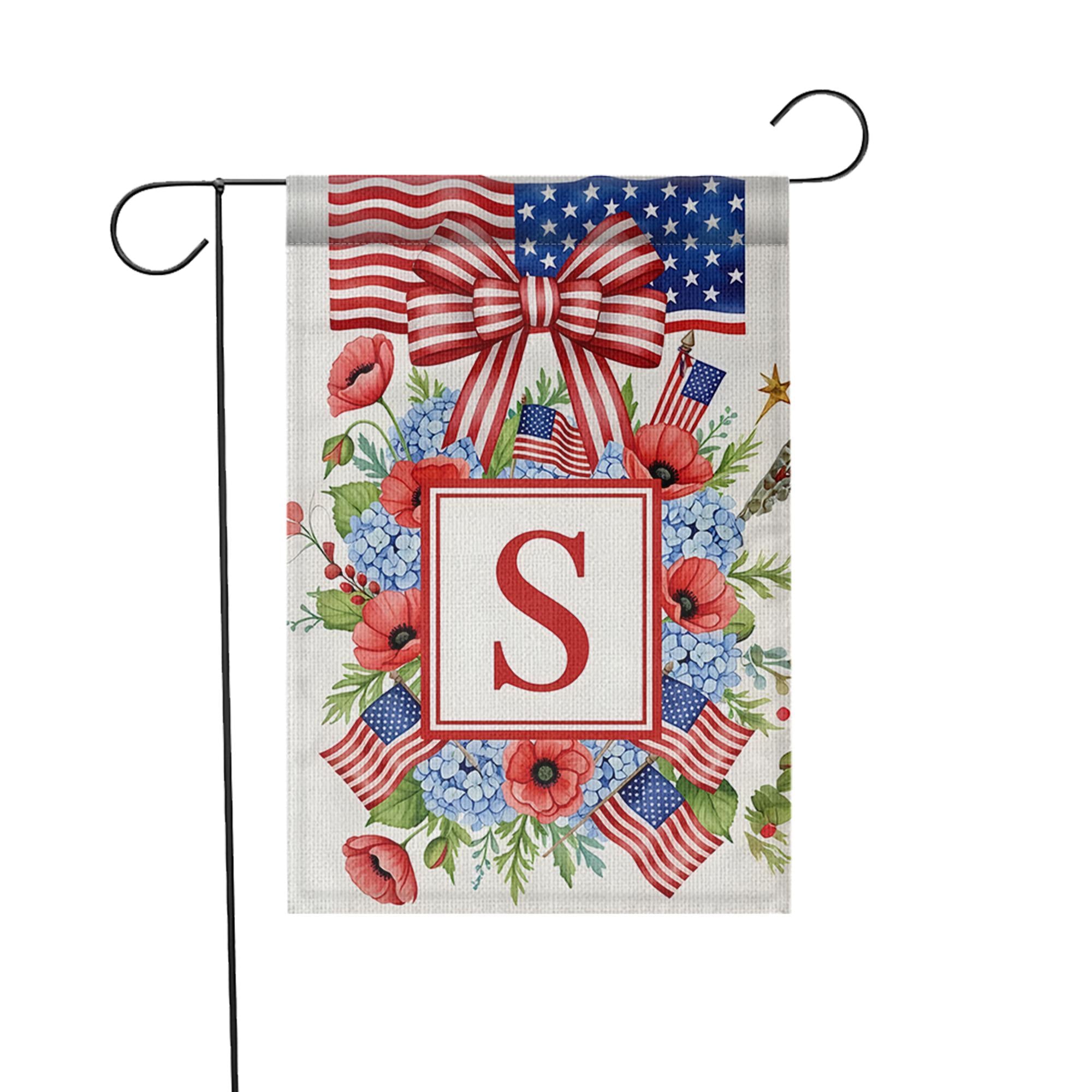 Custom Letter Patriotic Garden Flag, 4th of July Floral Monogram Yard Decor, USA Flag Wreath Outdoor Sign, Independence Day Decoration