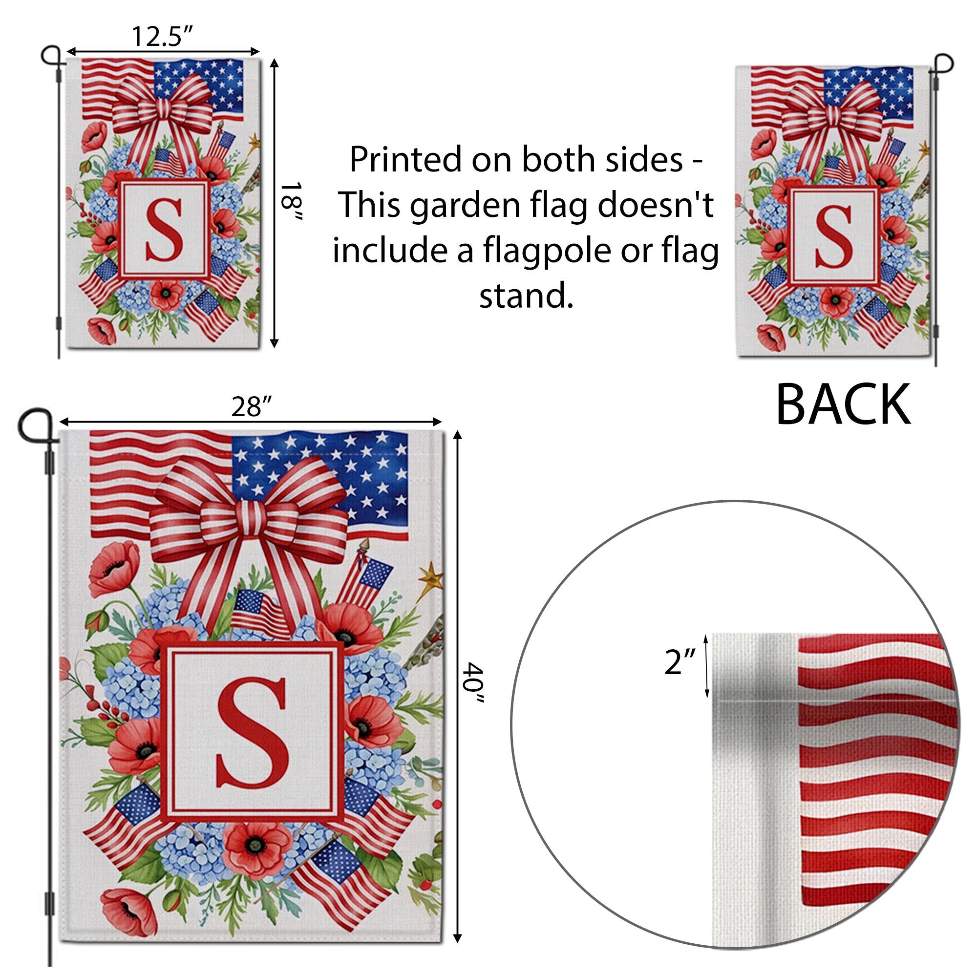 Custom Letter Patriotic Garden Flag, 4th of July Floral Monogram Yard Decor, USA Flag Wreath Outdoor Sign, Independence Day Decoration