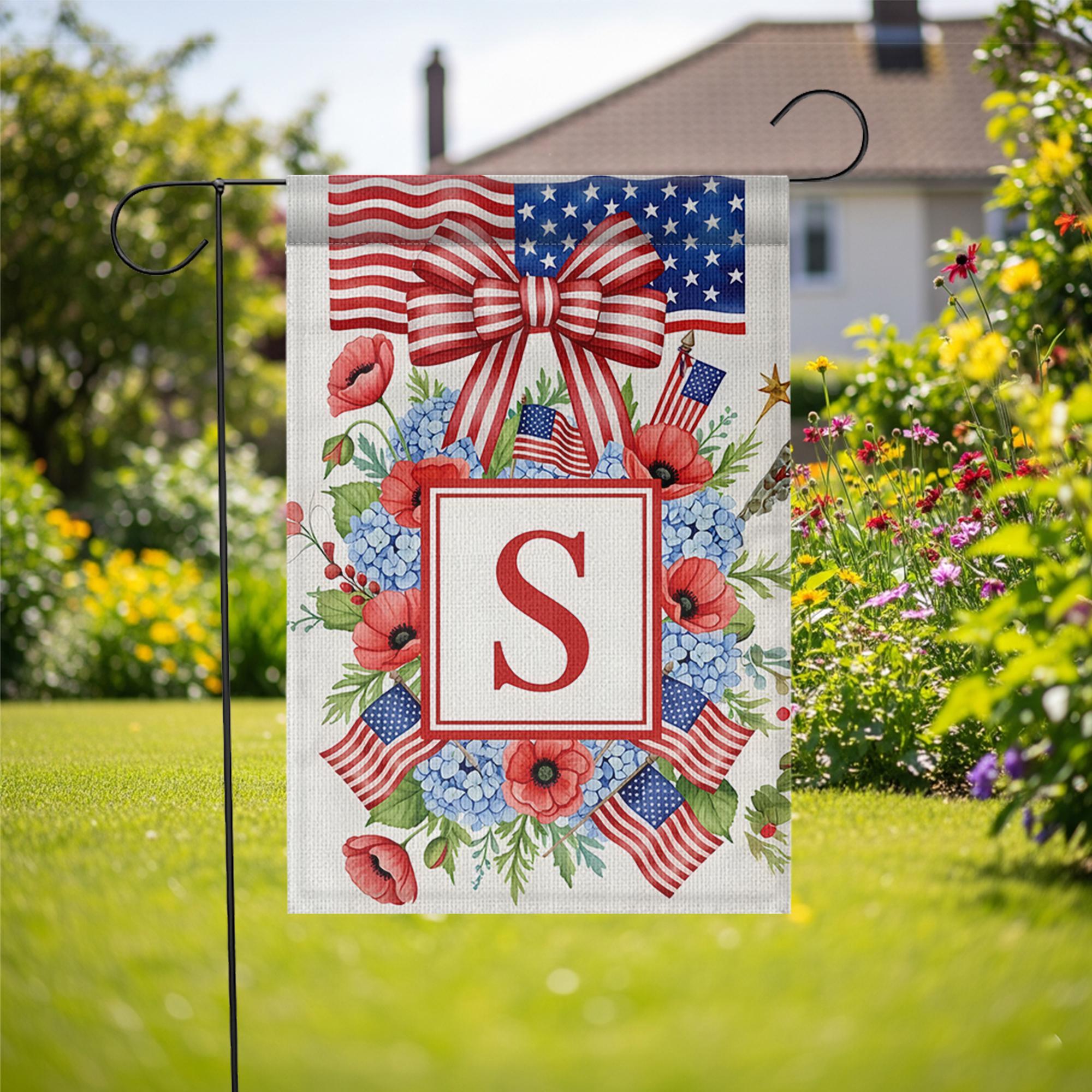 Custom Letter Patriotic Garden Flag, 4th of July Floral Monogram Yard Decor, USA Flag Wreath Outdoor Sign, Independence Day Decoration