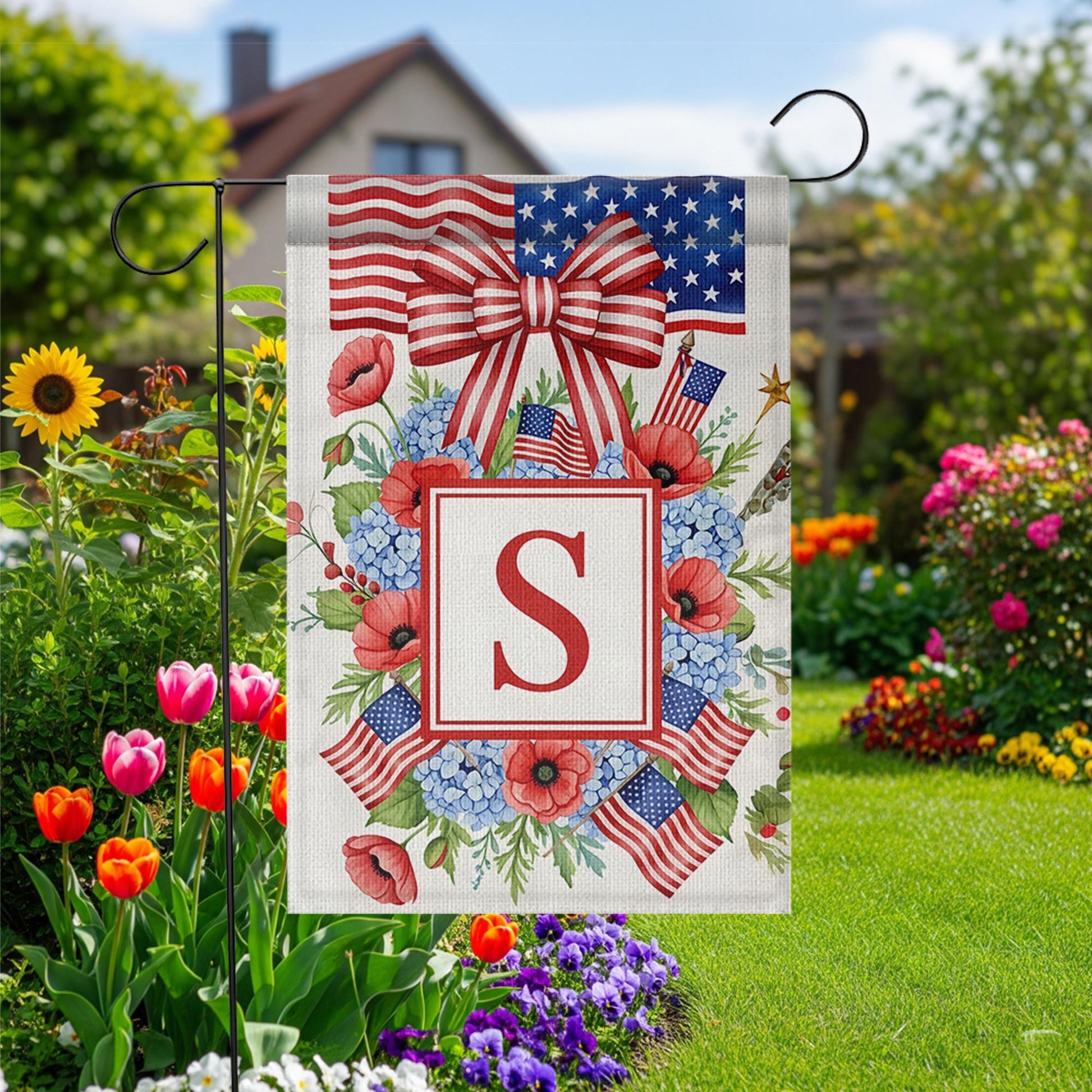 Custom Letter Patriotic Garden Flag, 4th of July Floral Monogram Yard Decor, USA Flag Wreath Outdoor Sign, Independence Day Decoration