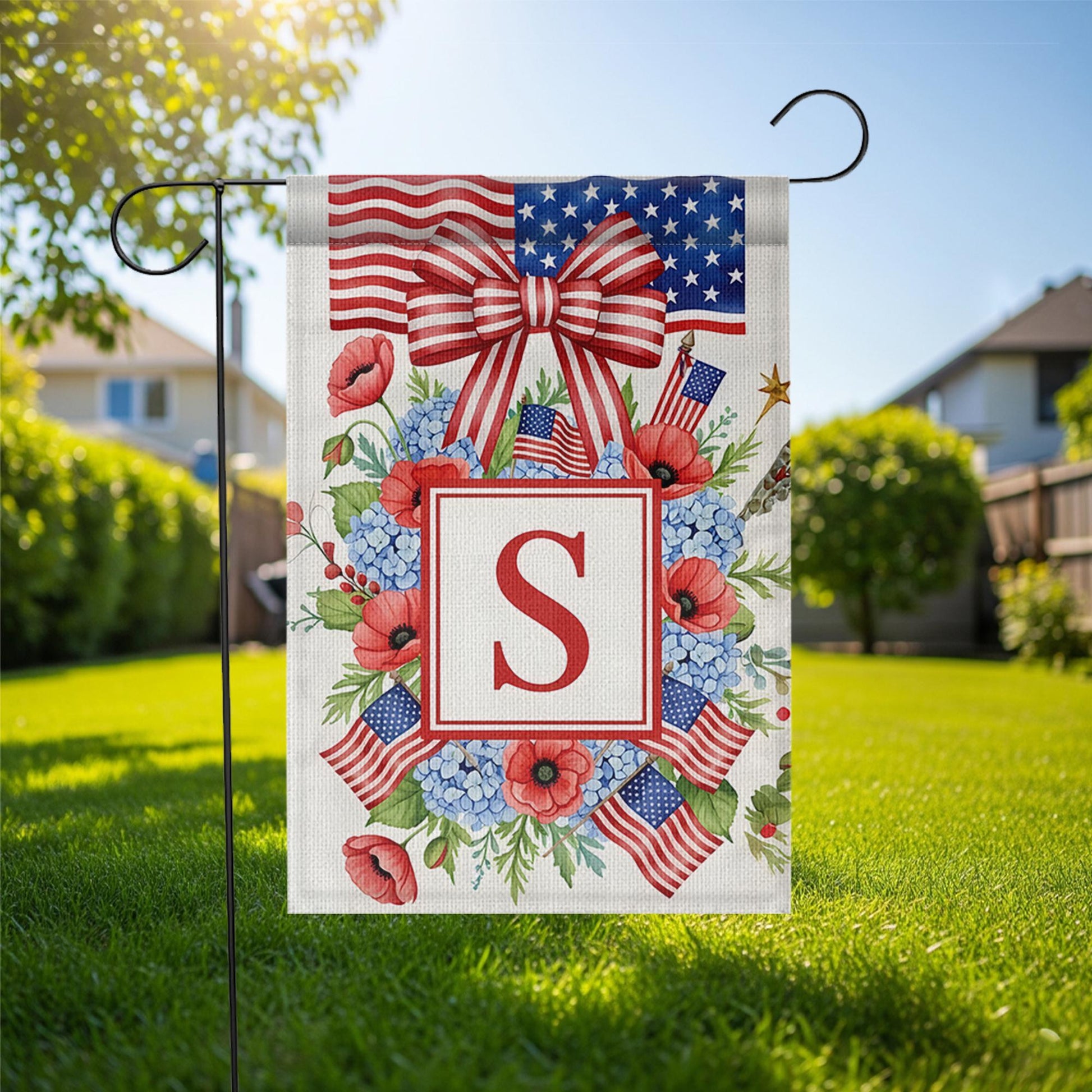 Custom Letter Patriotic Garden Flag, 4th of July Floral Monogram Yard Decor, USA Flag Wreath Outdoor Sign, Independence Day Decoration