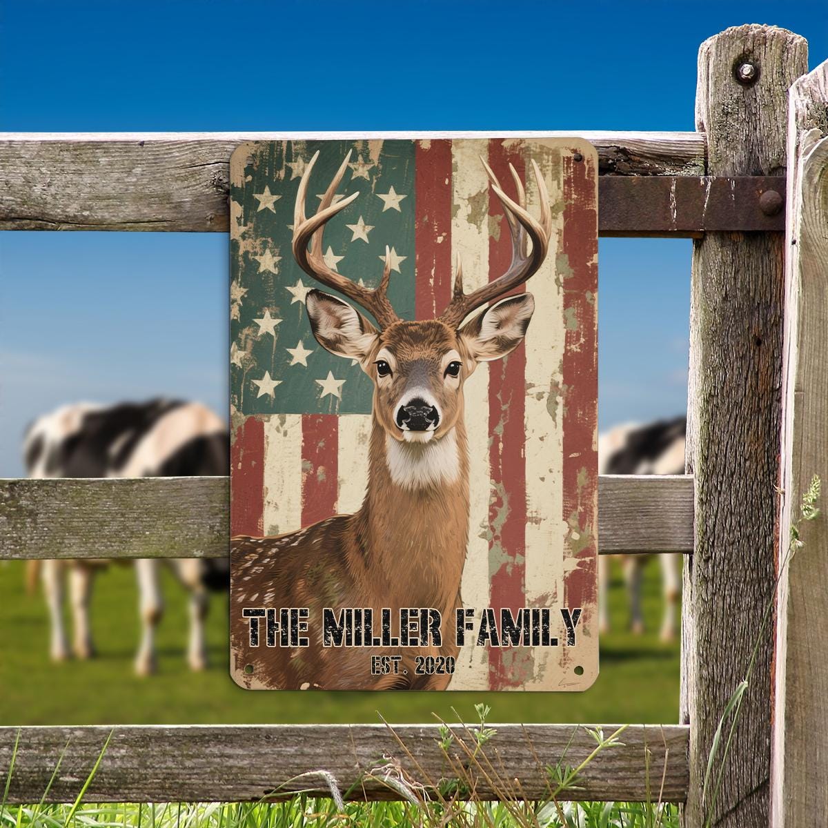 Personalized Deer Family Name Sign with American Flag Background - Rustic Hunter Decor - Custom Cabin Wall Art - Hunting Lover Gift