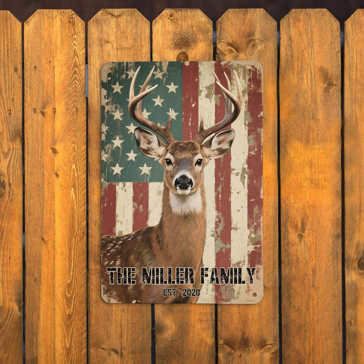 Personalized Deer Family Name Sign with American Flag Background - Rustic Hunter Decor - Custom Cabin Wall Art - Hunting Lover Gift