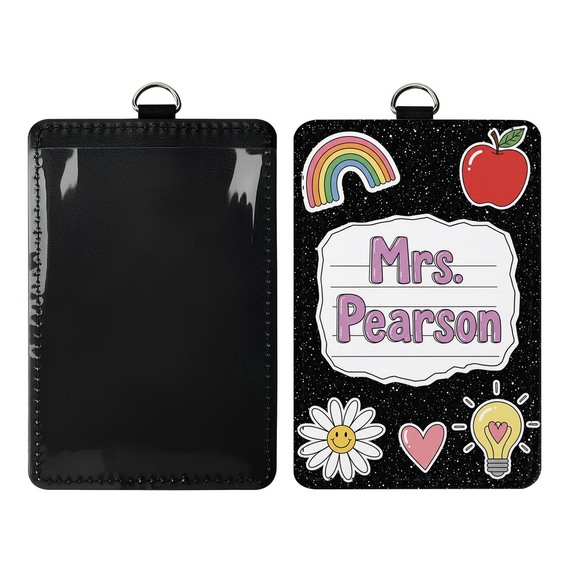 Personalized Teacher Badge Holder, Custom Name Tag Lanyard, Cute Black Glitter ID Badge, Back to School Gift, Teacher School Accessory