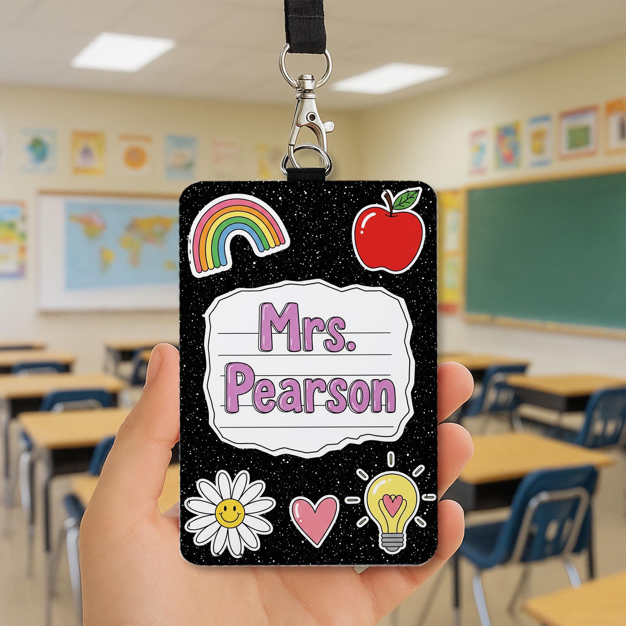 Personalized Teacher Badge Holder, Custom Name Tag Lanyard, Cute Black Glitter ID Badge, Back to School Gift, Teacher School Accessory